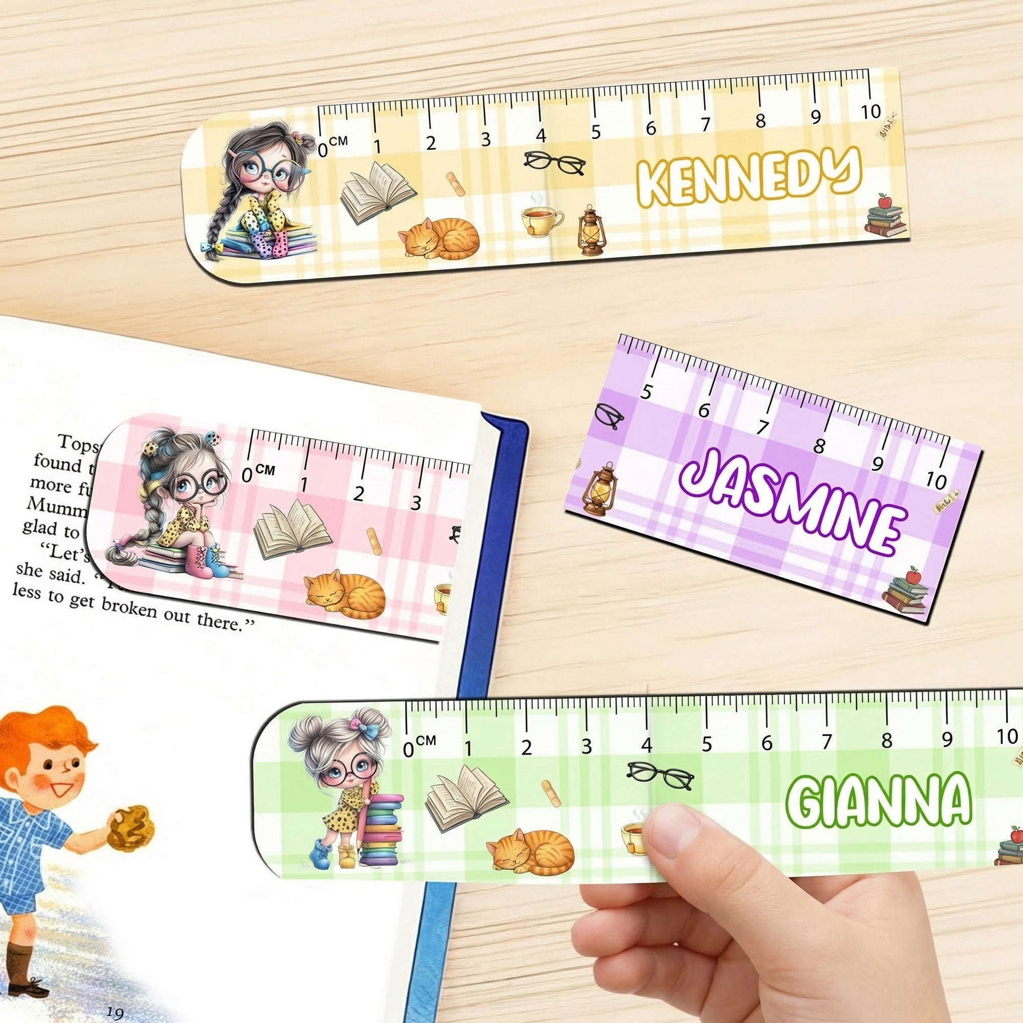 Clip magnético personalizado con nombre para marcapáginas de niña lectora de dibujos animados Regalo de vuelta al cole para niños ratones de biblioteca