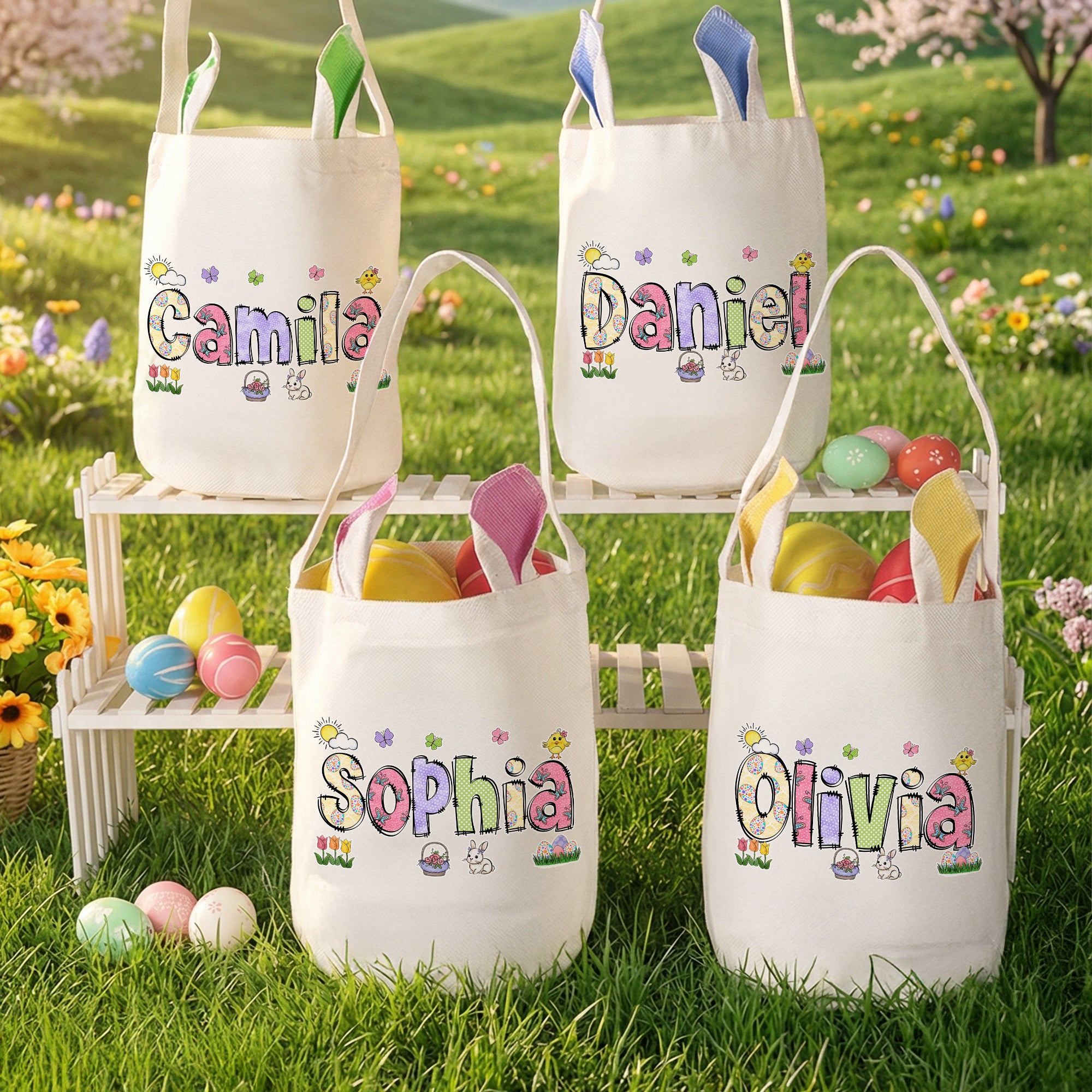Cesta de Pascua personalizada con orejas de conejo con nombre Accesorios para la caza del huevo Regalo de Pascua para niños Niñas