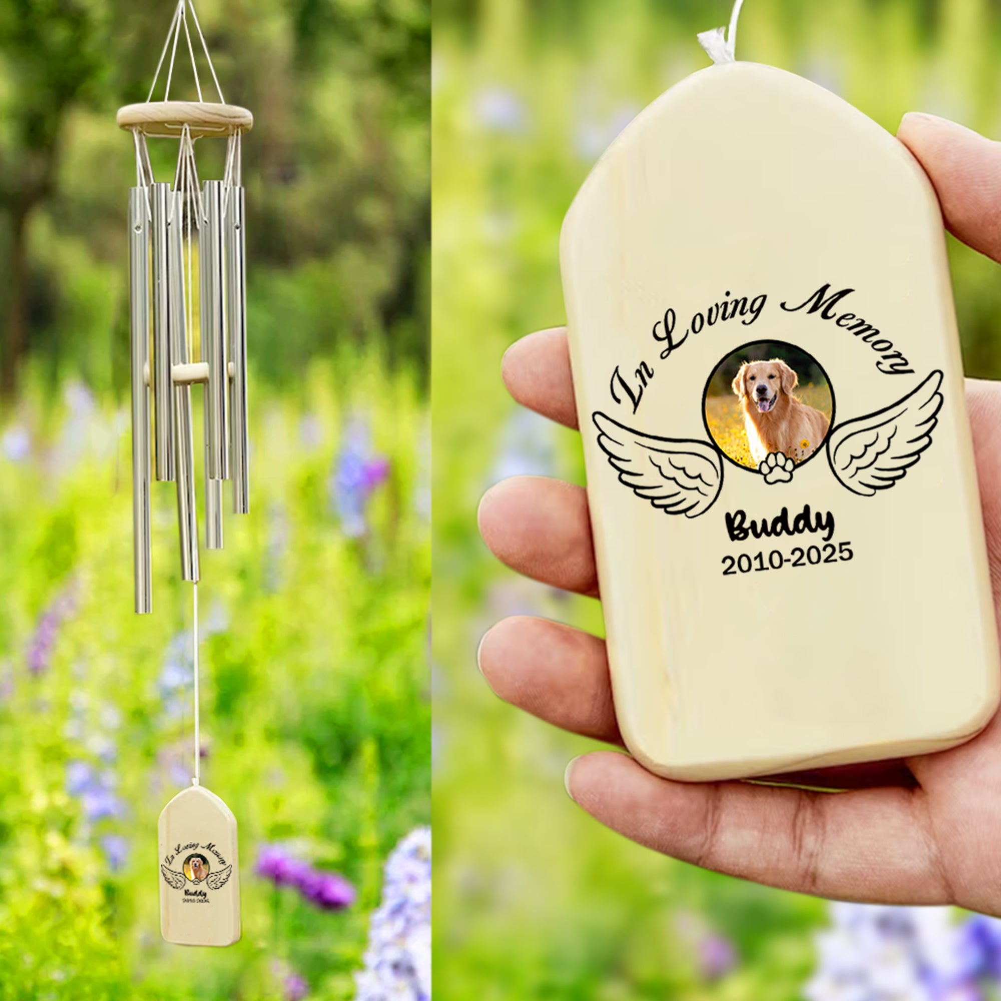 Foto personalizada Alas Pet Memorial Wind Chimes con texto y fecha Jardín Decoración Aniversario Regalo para la pérdida de la mascota