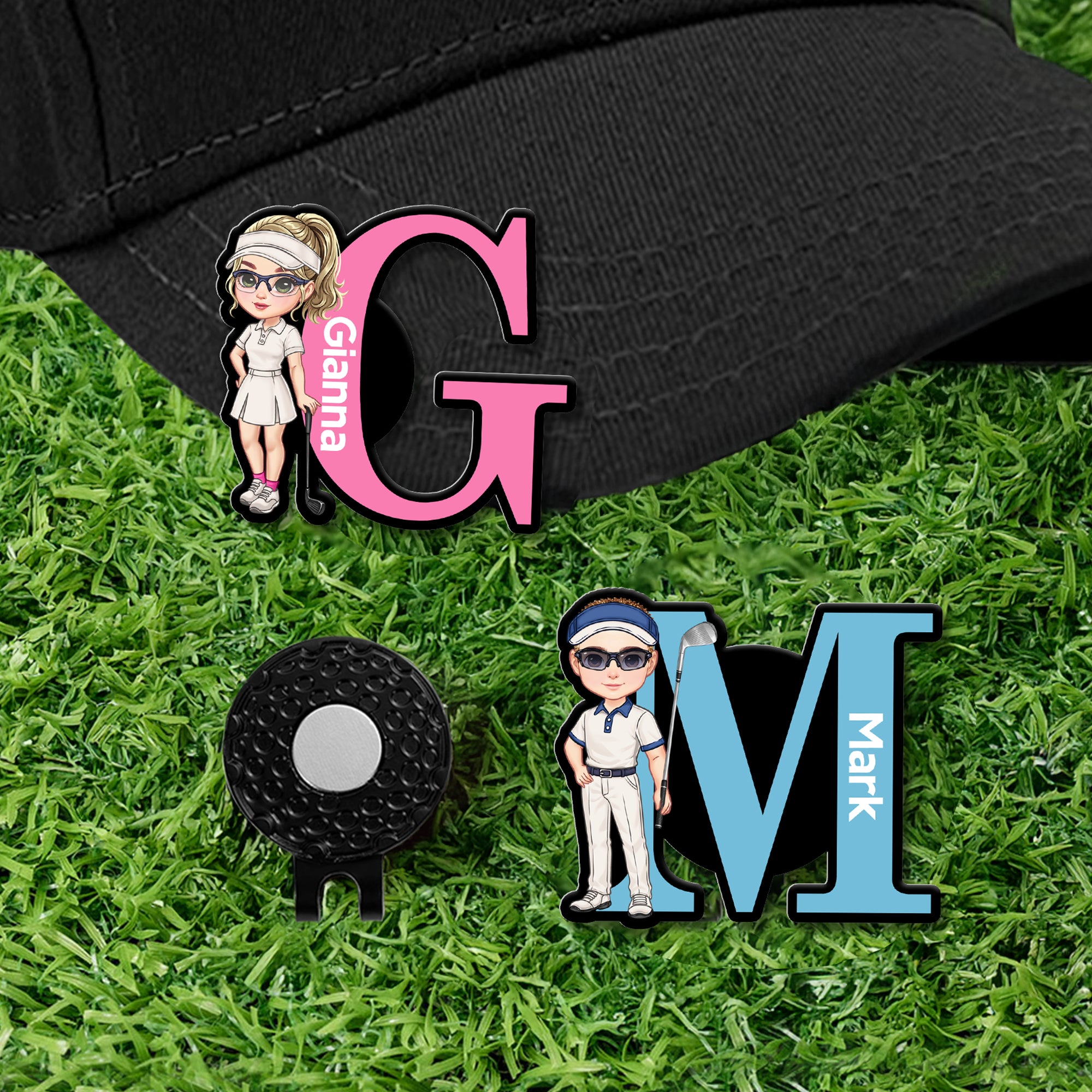 Marcador de pelotas de golf personalizado de dibujos animados con clip magnético para sombrero y nombre Regalo de cumpleaños para los amantes del golf