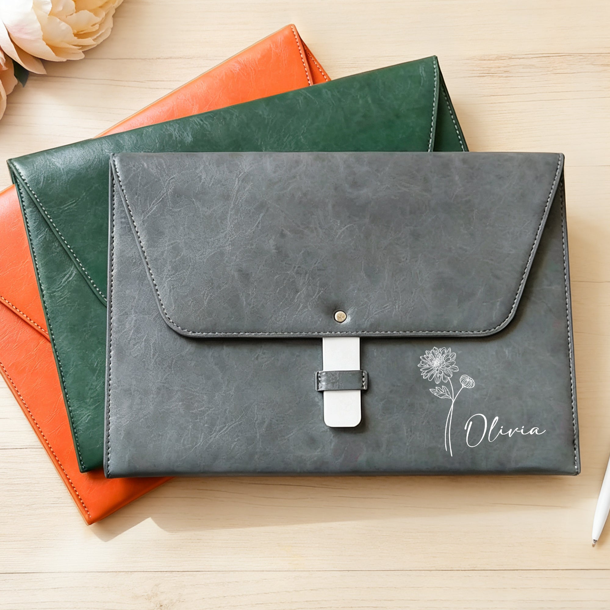 Personalizada de nacimiento de la flor de la PU de cuero A4 carpeta de archivos con el nombre de viaje de negocios de la oficina de cumpleaños de regalo para los trabajadores de oficina