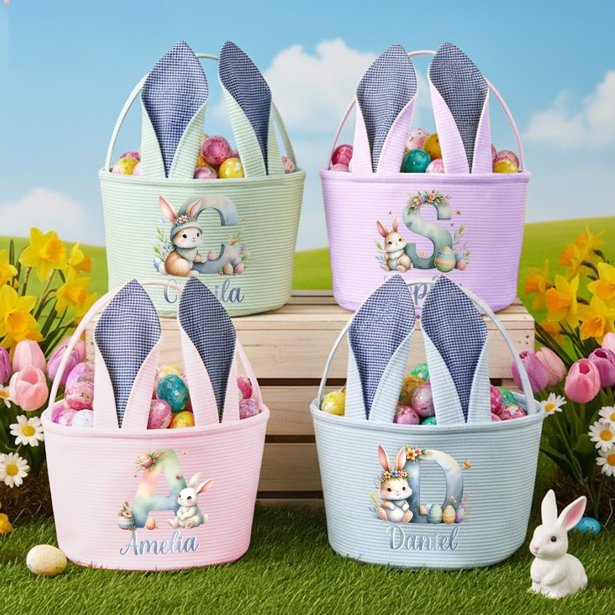 Cesta de Pascua Personalizada con Nombre y Orejas de Conejito Regalo para la Fiesta de Pascua de Caza de Huevos para Niños