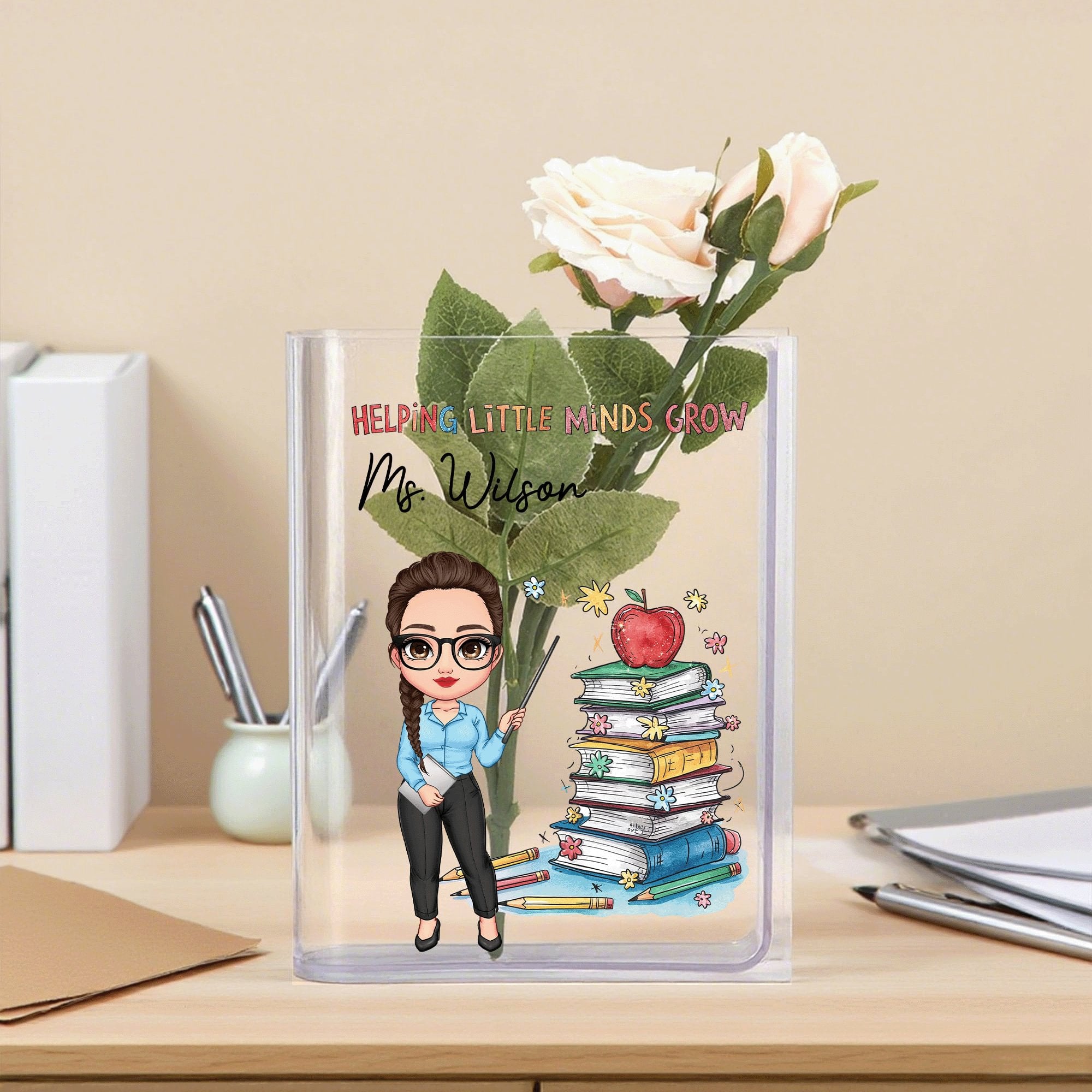 Jarrón de acrílico transparente personalizado con el libro de la estantería de texto del personaje de dibujos animados decoración de la habitación cumpleaños Día del Maestro Apreciación de regalo para