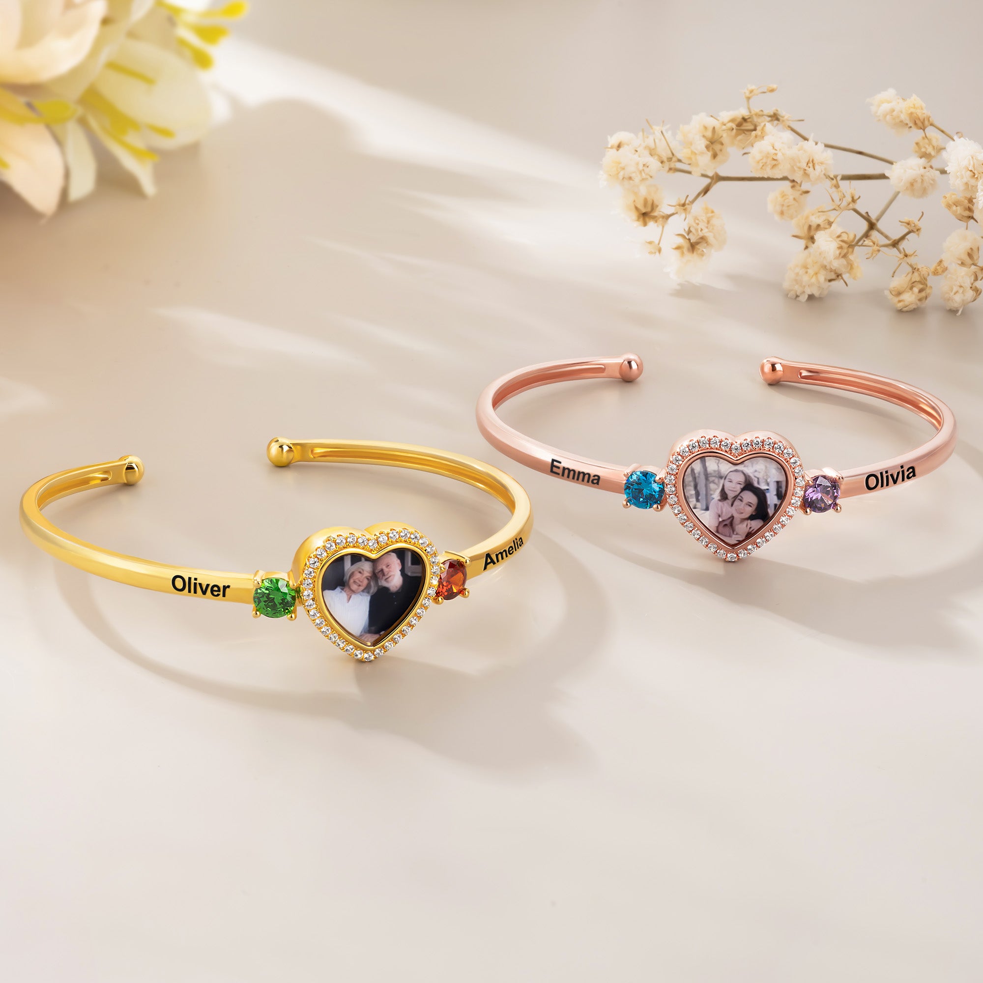 Personalizada piedra de nacimiento de circón en forma de corazón foto pulsera brazalete con nombres Dainty Joyería Cumpleaños Día de San Valentín Aniversario de regalo para la pareja