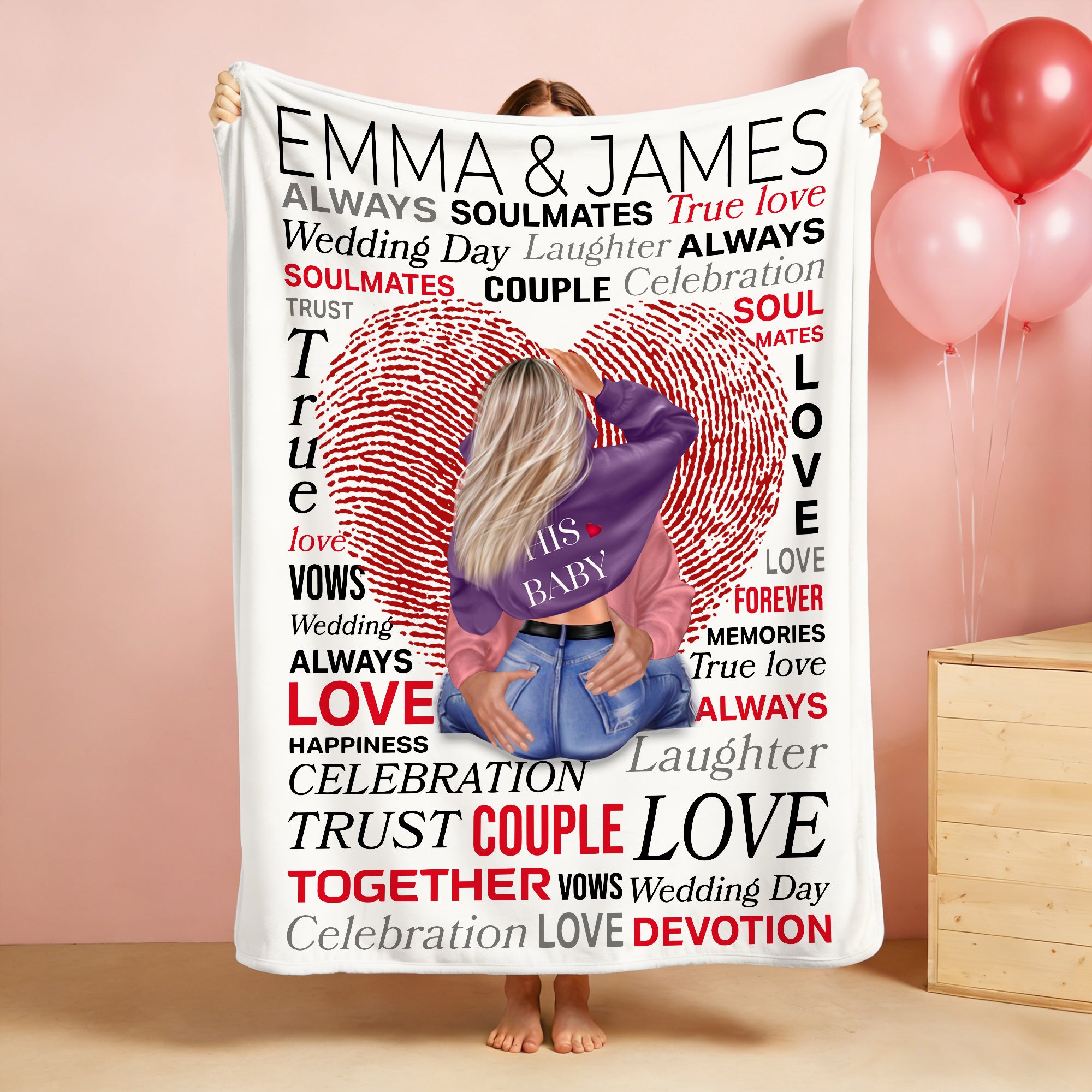 Personalizada de dibujos animados de caracteres del corazón de huellas dactilares Vow Word Cloud Suave manta con nombre de la pareja Decoración del hogar Regalo del Día de San Valentín para la pareja