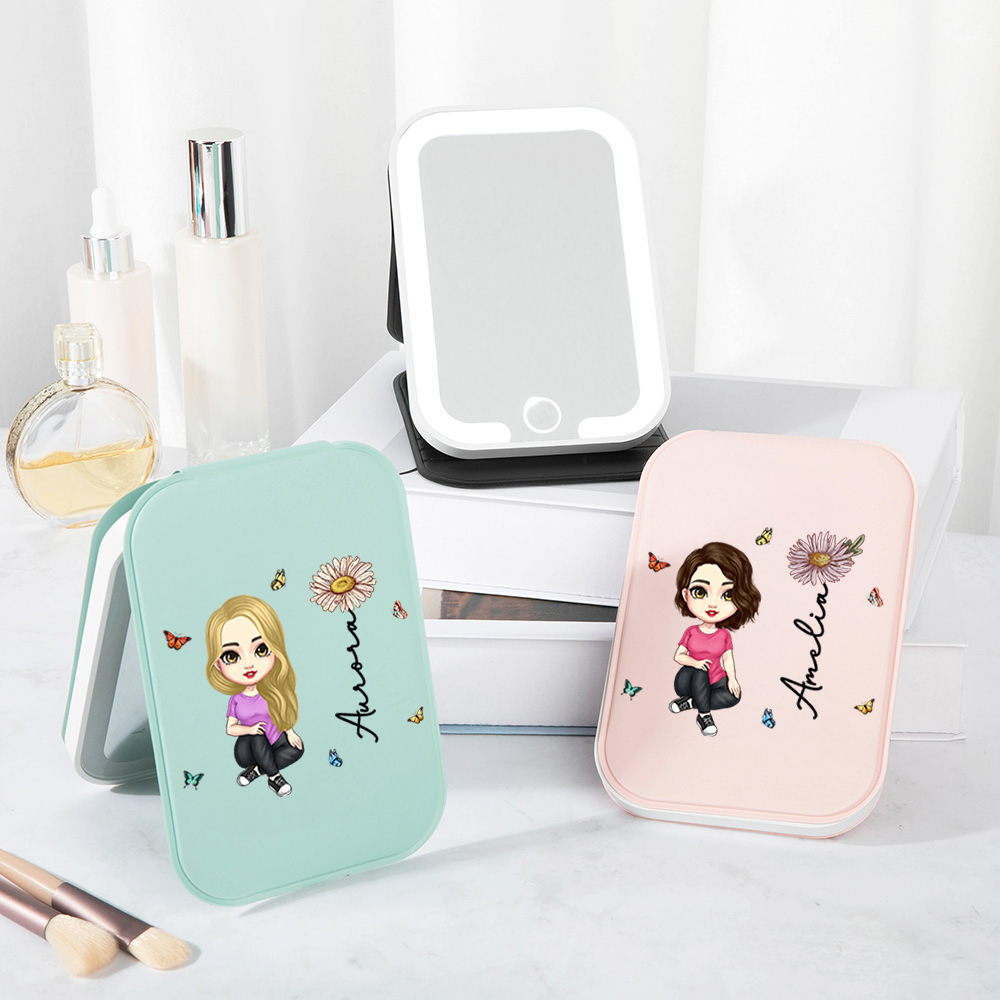 Espejo de maquillaje personalizado con nombre e iluminación LED tricolor ajustable Regalo de cumpleaños Aniversario para mujer