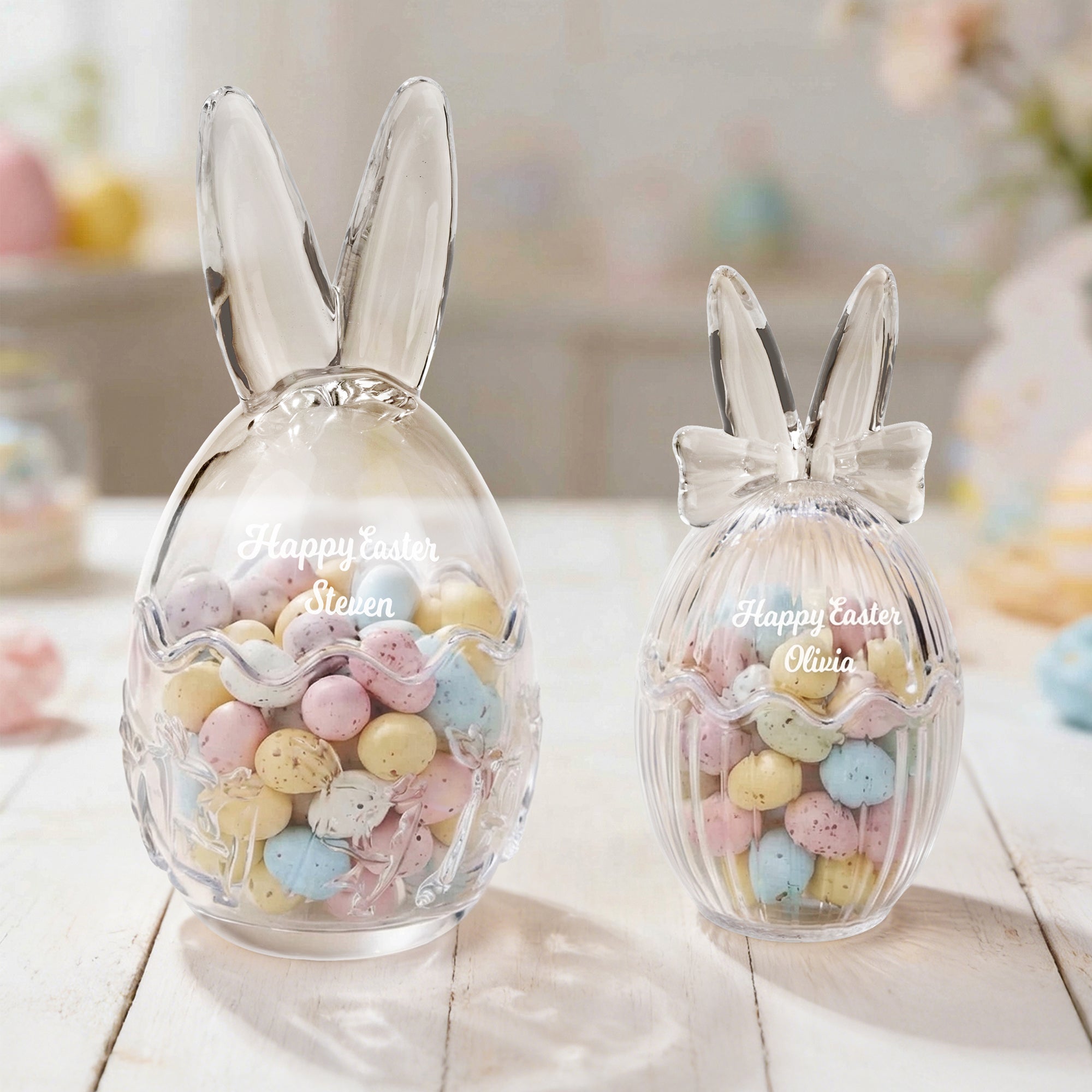 Orejas de Pascua personalizado lindo conejito tarro de cristal con nombre Decoración de escritorio Pascua Fiesta Regalo para los niños
