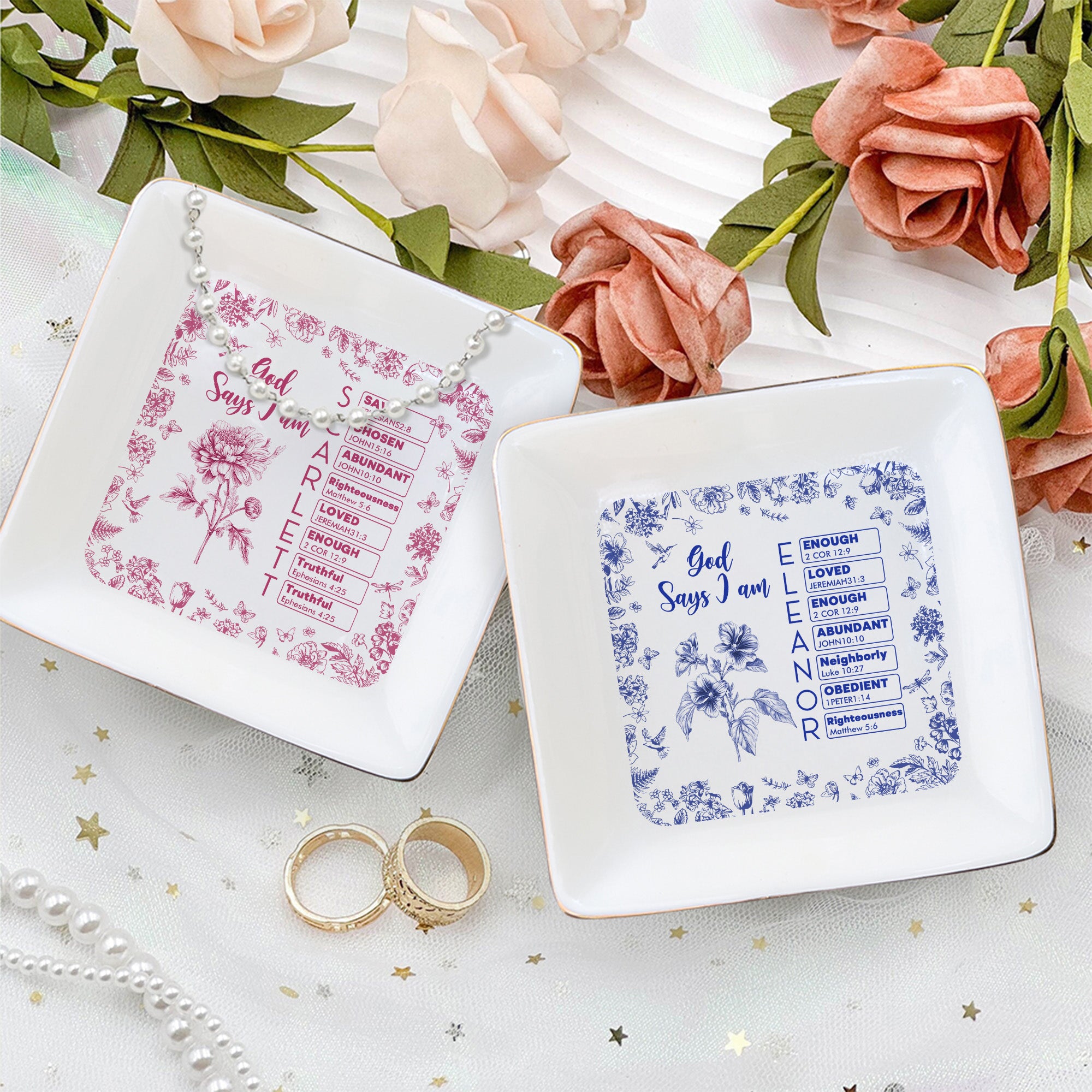 Personalizada Toile De Jouy Nacimiento Flor Nombre Biblia Capítulo Baratija de cerámica Joyería Plato Cumpleaños Regalo de Navidad para las mujeres cristianas
