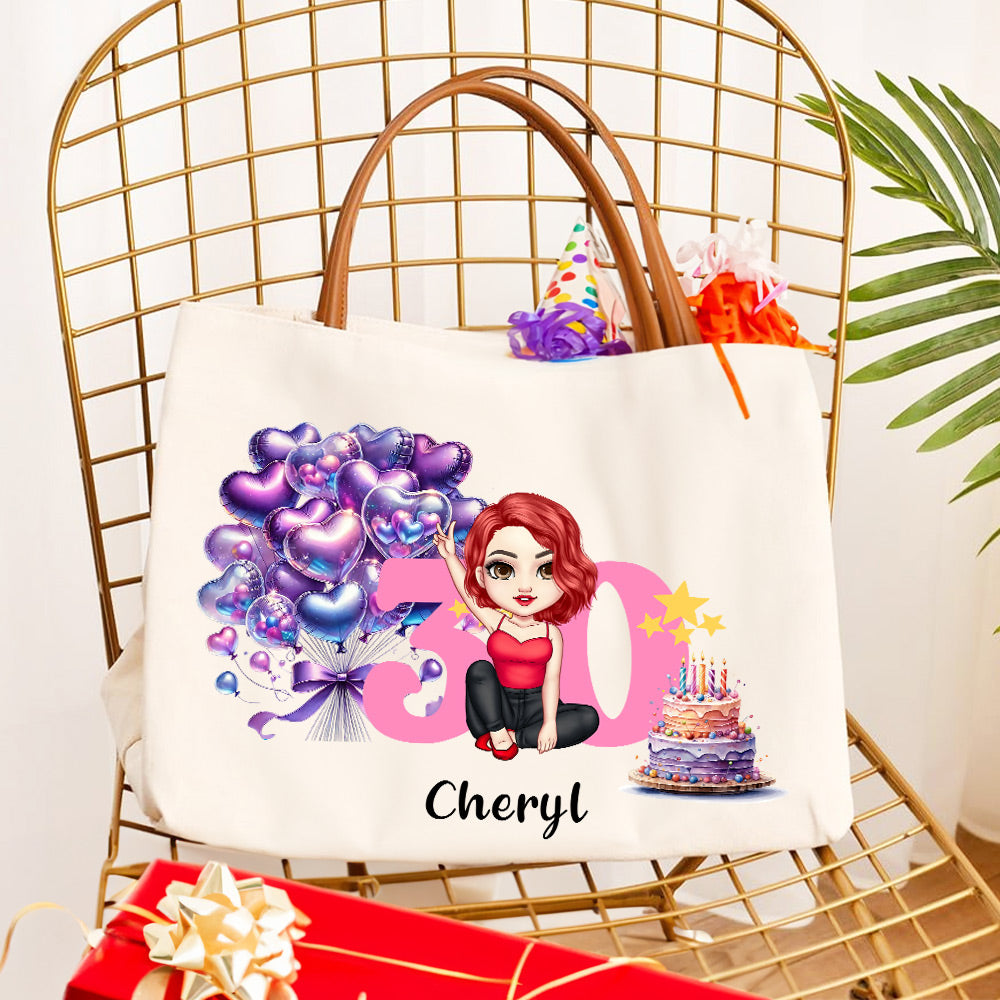 Personalizada Corazón Globo Tarta Estrella Caricatura Chica Personaje Grande Bolsa de Lona con Nombre y Edad Regalo de Cumpleaños para Ella