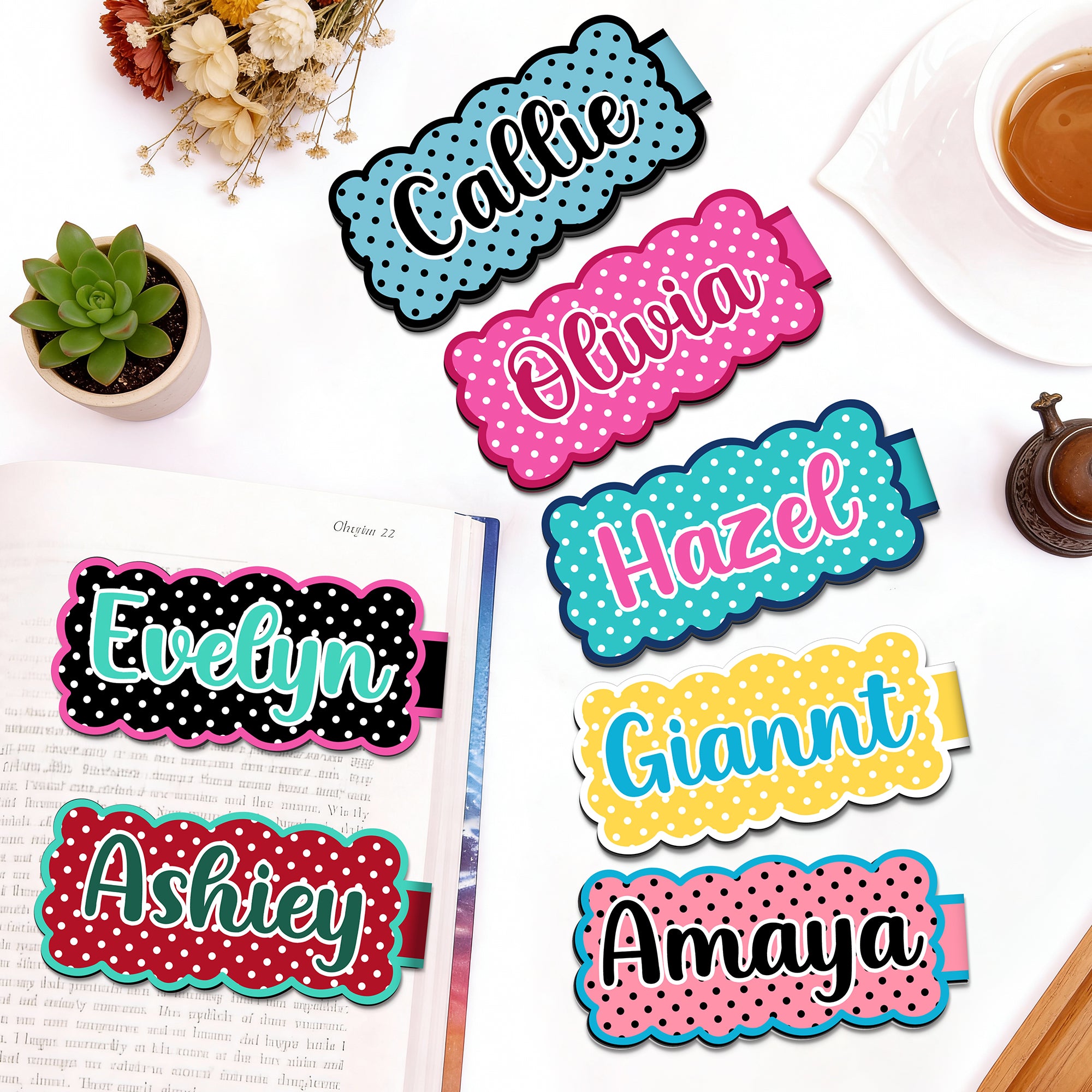 Marcapáginas Magnético Personalizado Retro a Lunares Impermeable con Nombre Vuelta al Cole Regalo de Cumpleaños para Estudiantes Amantes de los Libros