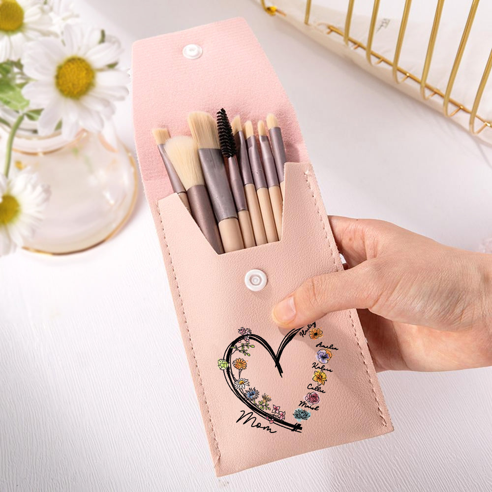 Personalizado Corazón de Amor 1-6 Flores de Nacimiento Bolsa de Brochas de Maquillaje de Cuero de PU con Apodo y 8 Pinceles de Maquillaje Regalo de Cumpleaños Día de la Madre para Mujeres