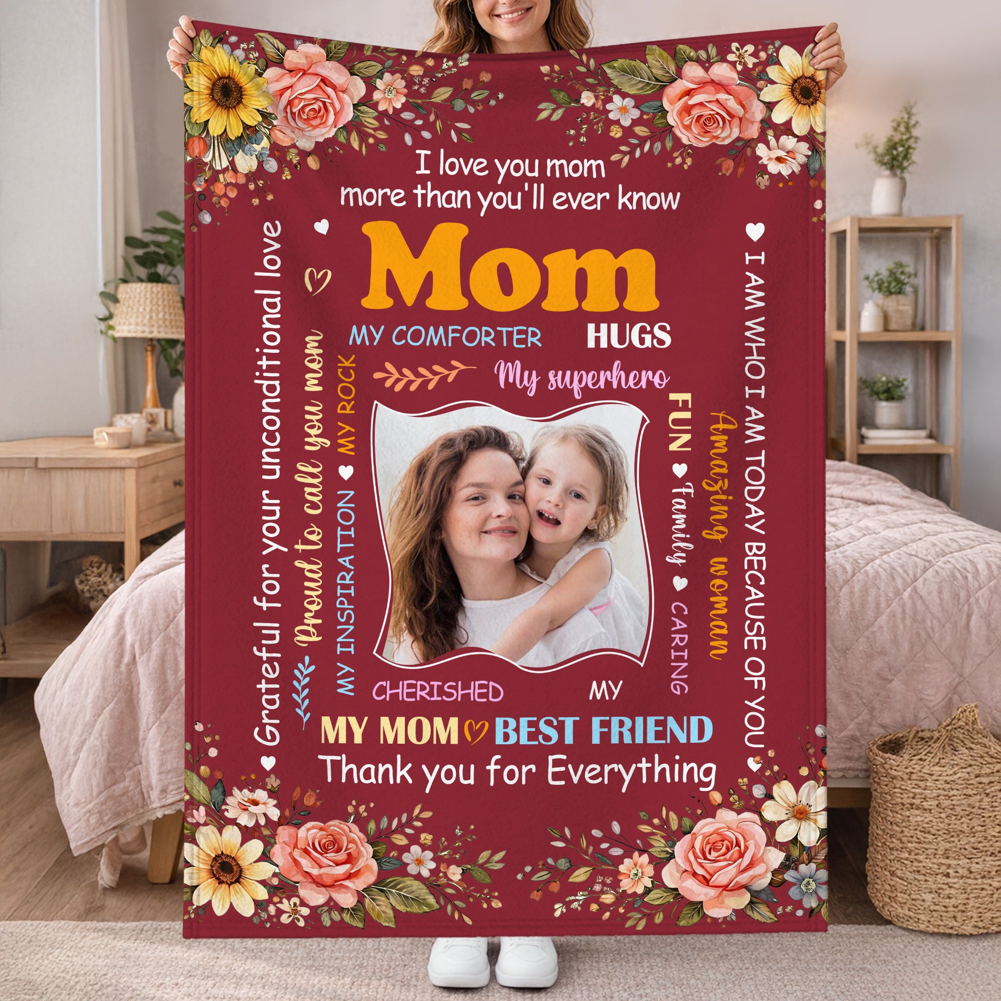 Manta personalizada I Love You Mom Photo Floral Soft Throw Blanket Home Decor Regalo del Día de la Madre para mamá