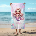 Toalla de playa de gran tamaño de secado rápido personalizada con el nombre de una sirena de fantasía rosa de dibujos animados en 3D para regalo de cumpleaños de vacaciones de verano para niñas y muje