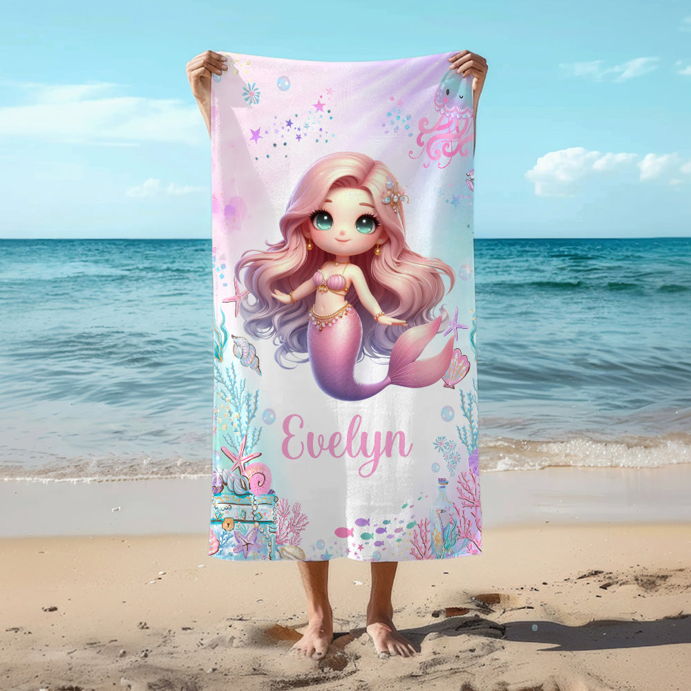 Toalla de playa de gran tamaño de secado rápido personalizada con el nombre de una sirena de fantasía rosa de dibujos animados en 3D para regalo de cumpleaños de vacaciones de verano para niñas y muje