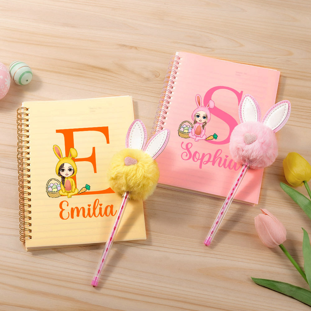 Conejito de Pascua Personalizado Disfraz de Conejo de Pascua Huevos A5 Página rayada Cuaderno de Espiral y Pom Pom Bolígrafo Set con Nombre Pascua Fiesta Favorecer Regalo para Niños Niñas
