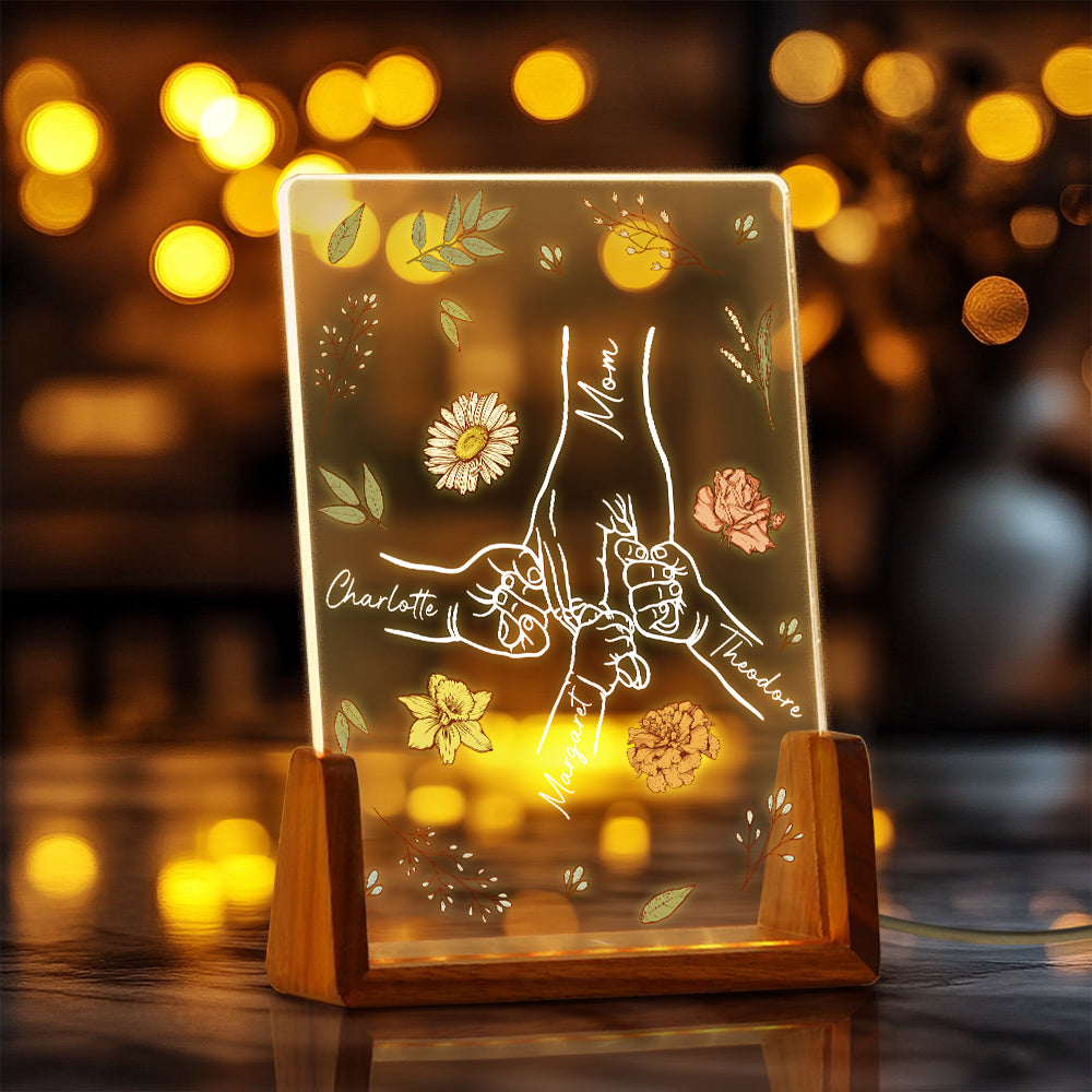 Flor de Nacimiento Personalizada Mamá y Niño Cogidos de la Mano Luz de Noche LED con Base de Madera y 1-6 Nombres de Niños Día de la Madre Regalo de Cumpleaños para Mamá Abuela