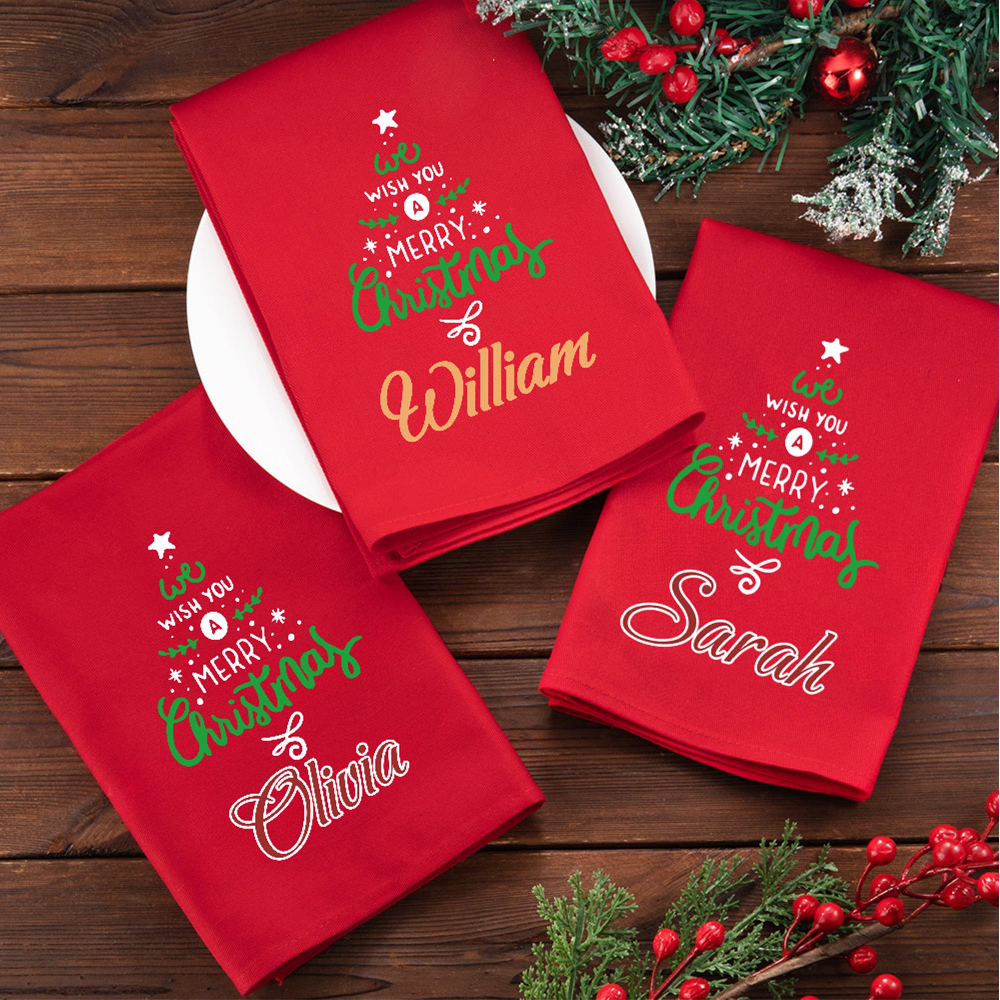 Personalizada Feliz Navidad Diseño del árbol 100% algodón rojo Servilleta con nombre Fiesta Decoración del hogar Navidad Regalo para amigos de la familia