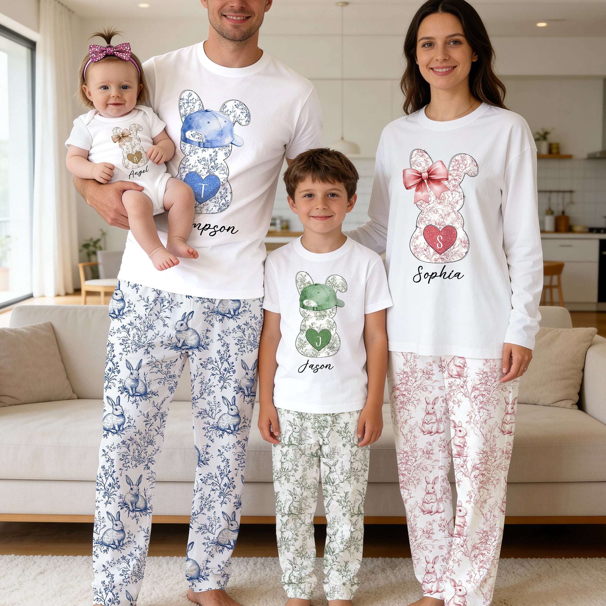 Conejito de Pascua personalizado Toile De Jouy Pantalones de cordón a juego Pijama con nombre e inicial Divertido regalo de Pascua para la familia Niños