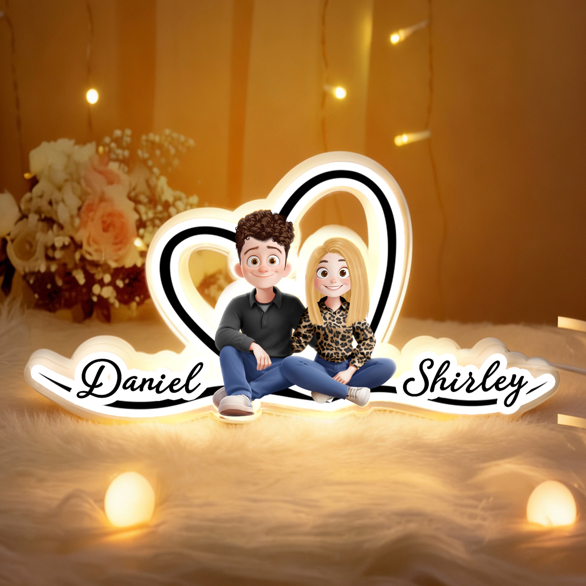 Lámpara de noche LED de acrílico con nombre personalizada en 3D con personajes de dibujos animados Regalo de San Valentín para parejas