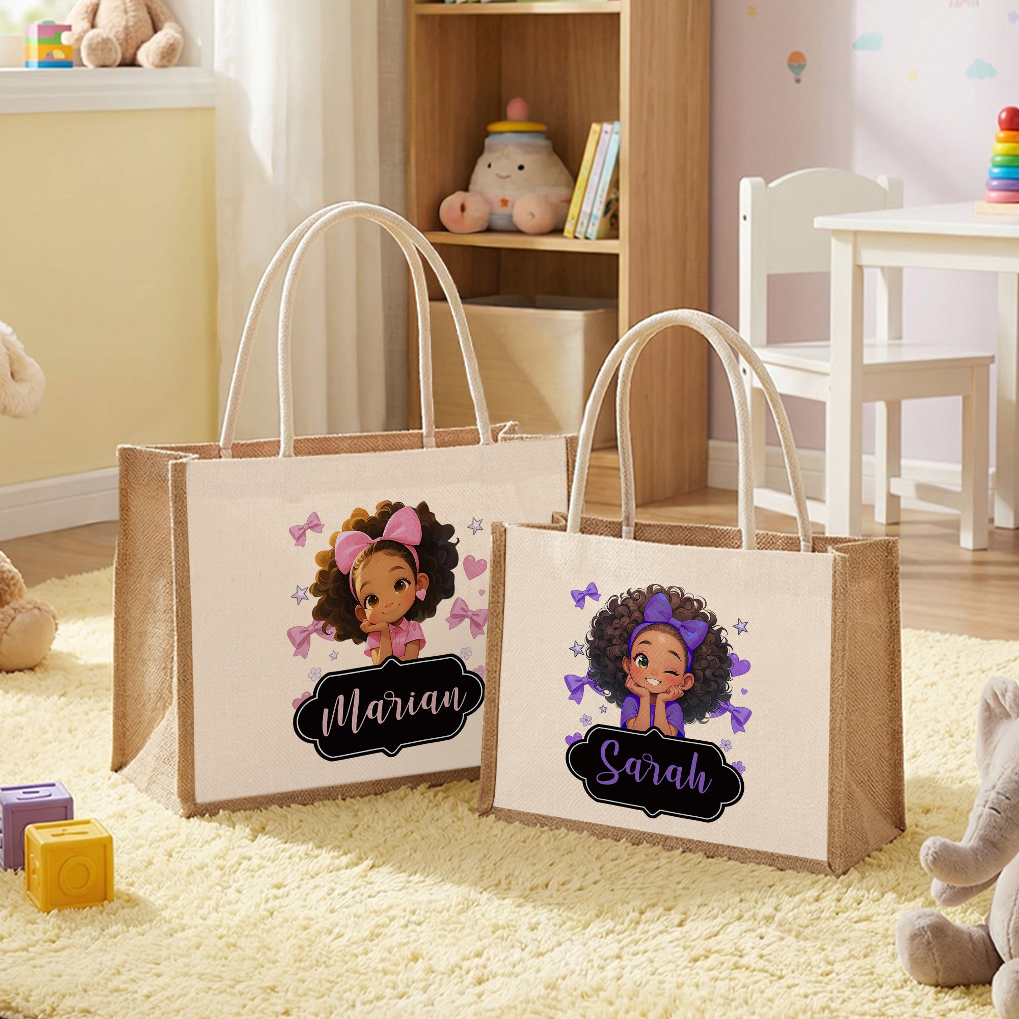 Lazo personalizado Lindo dibujo animado Niña Bolsa grande de yute con nombre Regalo de cumpleaños para niña negro