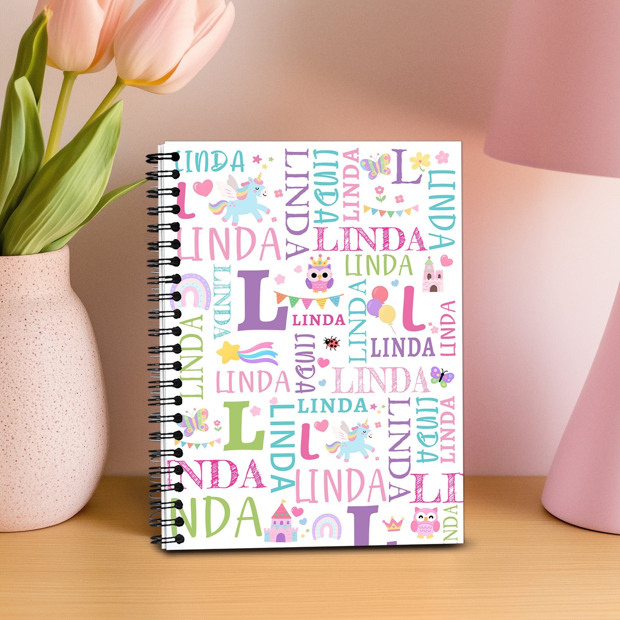 Cuaderno de espiral A5 con iniciales y 120 páginas rayadas Fantasía unicornio dinosaurio nube con nombre Regalo de cumpleaños de vuelta al cole para niños