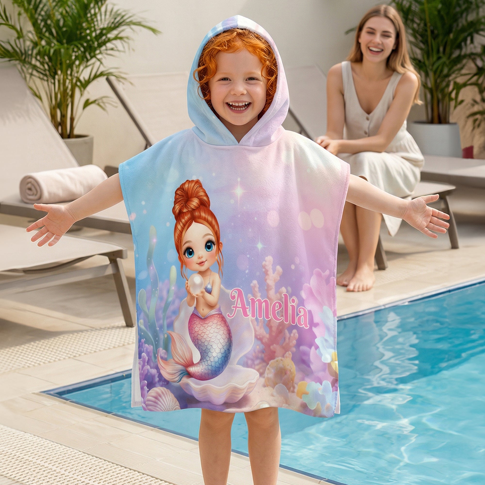 Toalla de playa con capucha para niños, de tamaño grande y secado rápido, personalizada con el nombre de una simpática sirena de dibujos animados Vacaciones de verano Fiesta de cumpleaños Regalo para