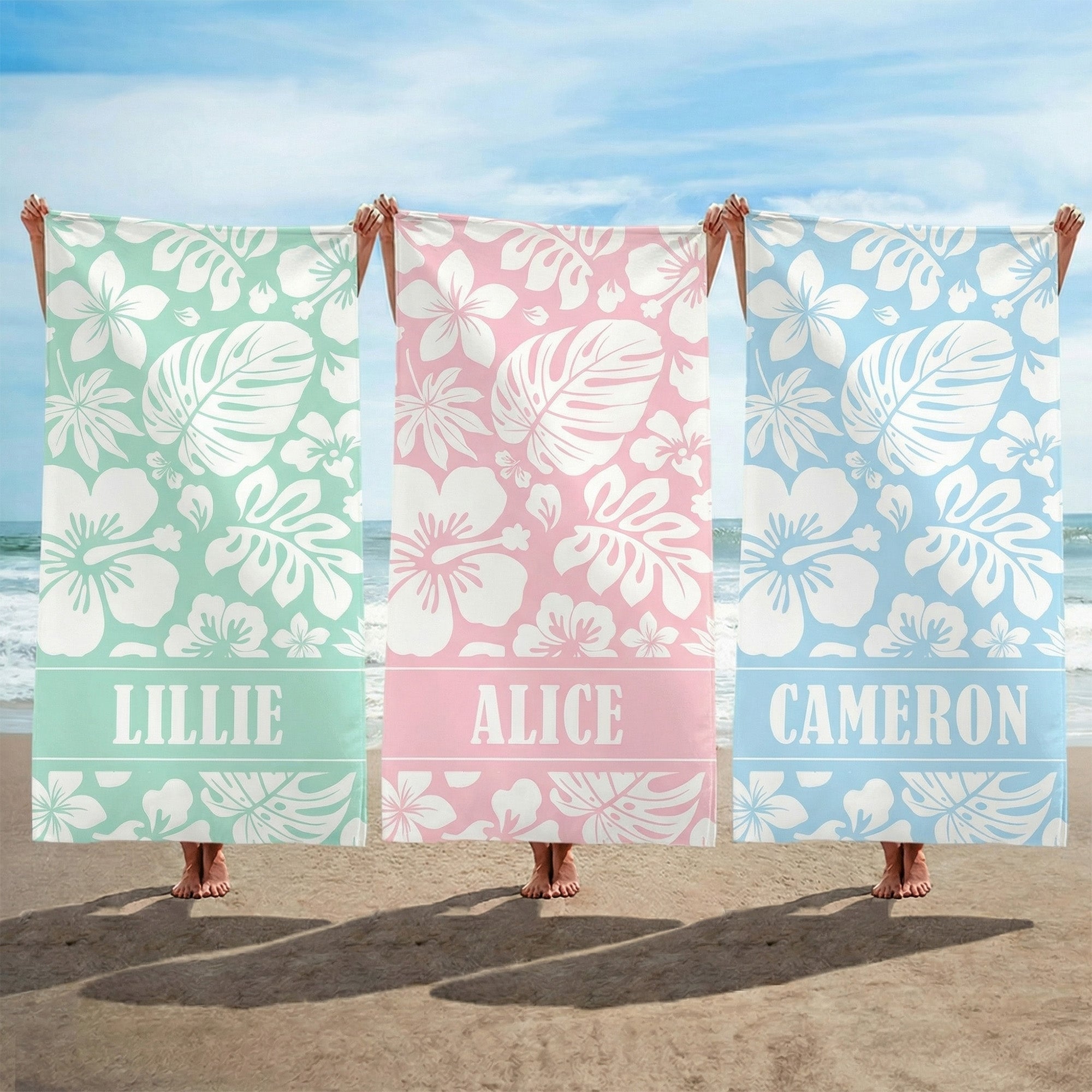 Toalla de Playa Personalizada Floral Tropical de Secado Rápido y Suave con Nombre Cumpleaños Fiesta en la Playa Regalo para Ella