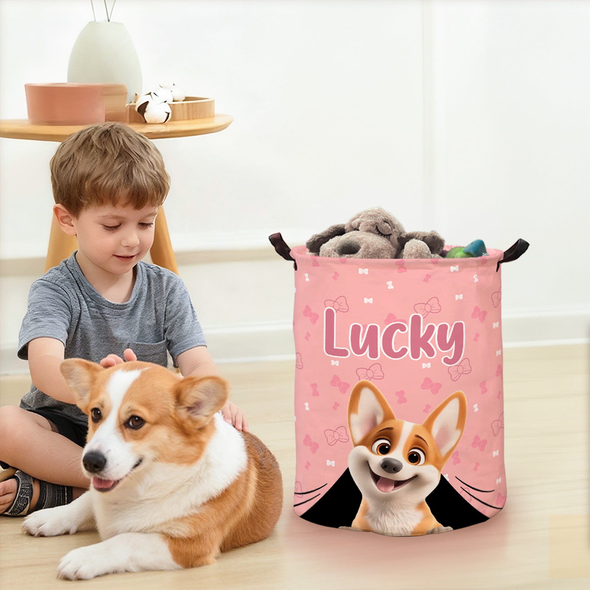 Cesto para la ropa sucia con nombre y asa Personalizado 3D de dibujos animados de perros Decoración de cuarto de niños Regalo de cumpleaños para los amantes de los perros