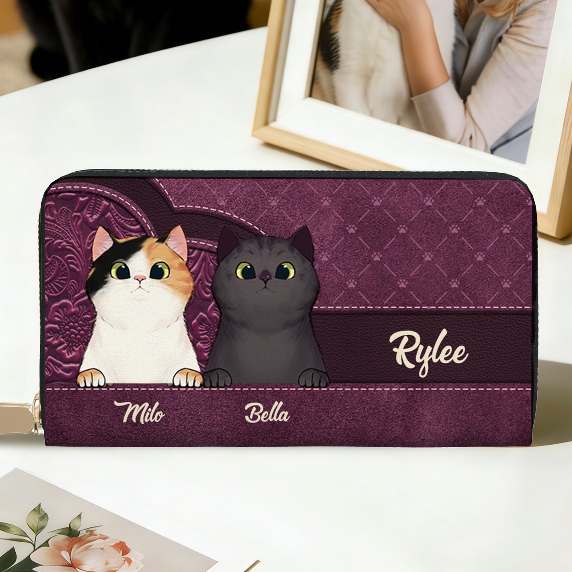 Personalizada Retro Gato de dibujos animados PU Cartera de cuero con nombre Cumpleaños Aniversario Memorial Gift for Cat Pet Lovers