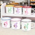 Taza esmaltada personalizada de 12 oz con nombre e inicial de personaje de cocinero de acuarela para niños