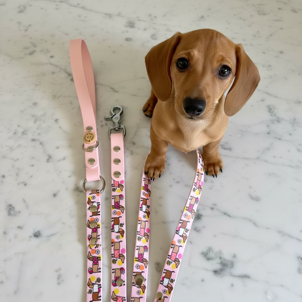 Handmade Vegan Leather Dog Leash - Bee Happy Dachshunds - Pink
