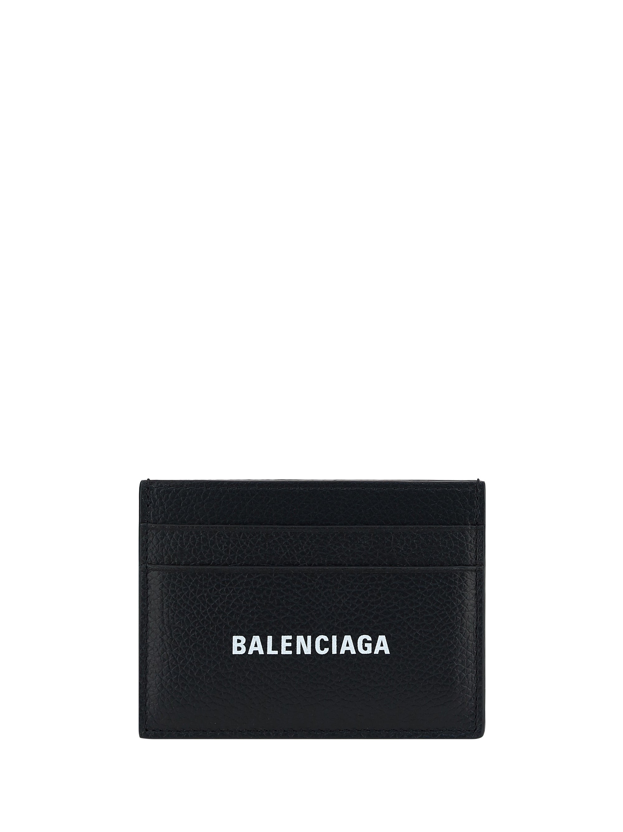 Balenciaga Logo-Print Calfskin Card Case — Black