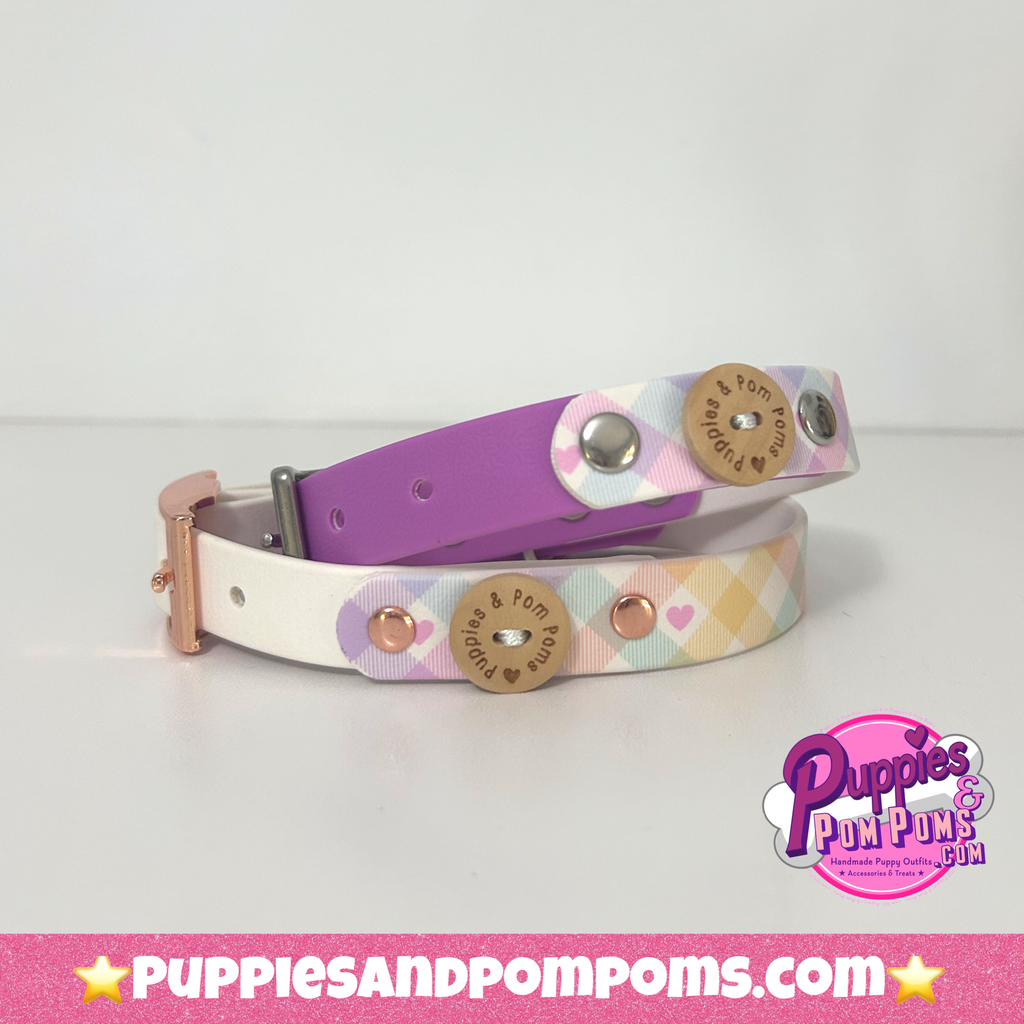 Handmade Dog Collar - Pastel Vichy - White