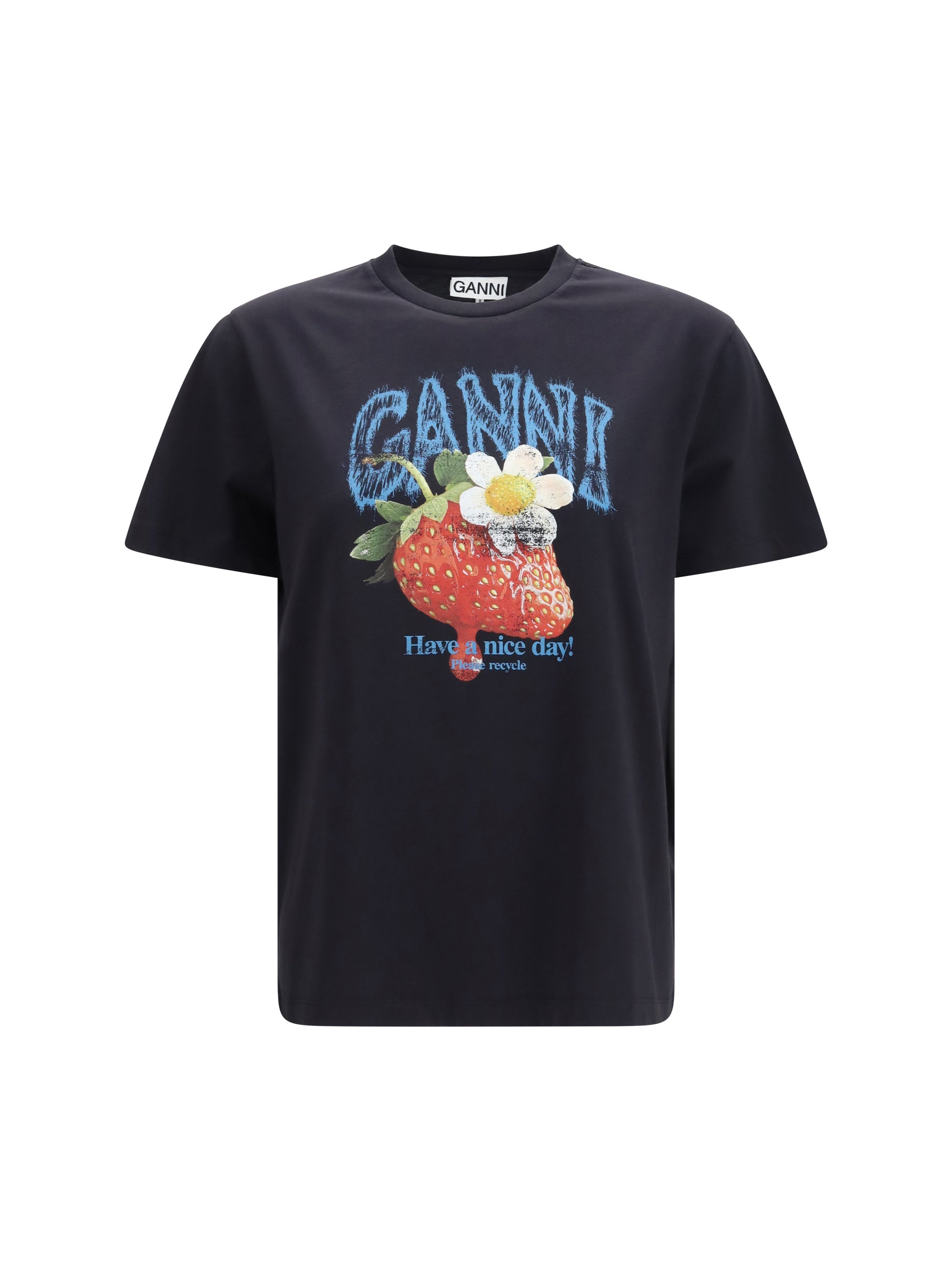 Ganni Strawberry Graphic Cotton T-Shirt — Black