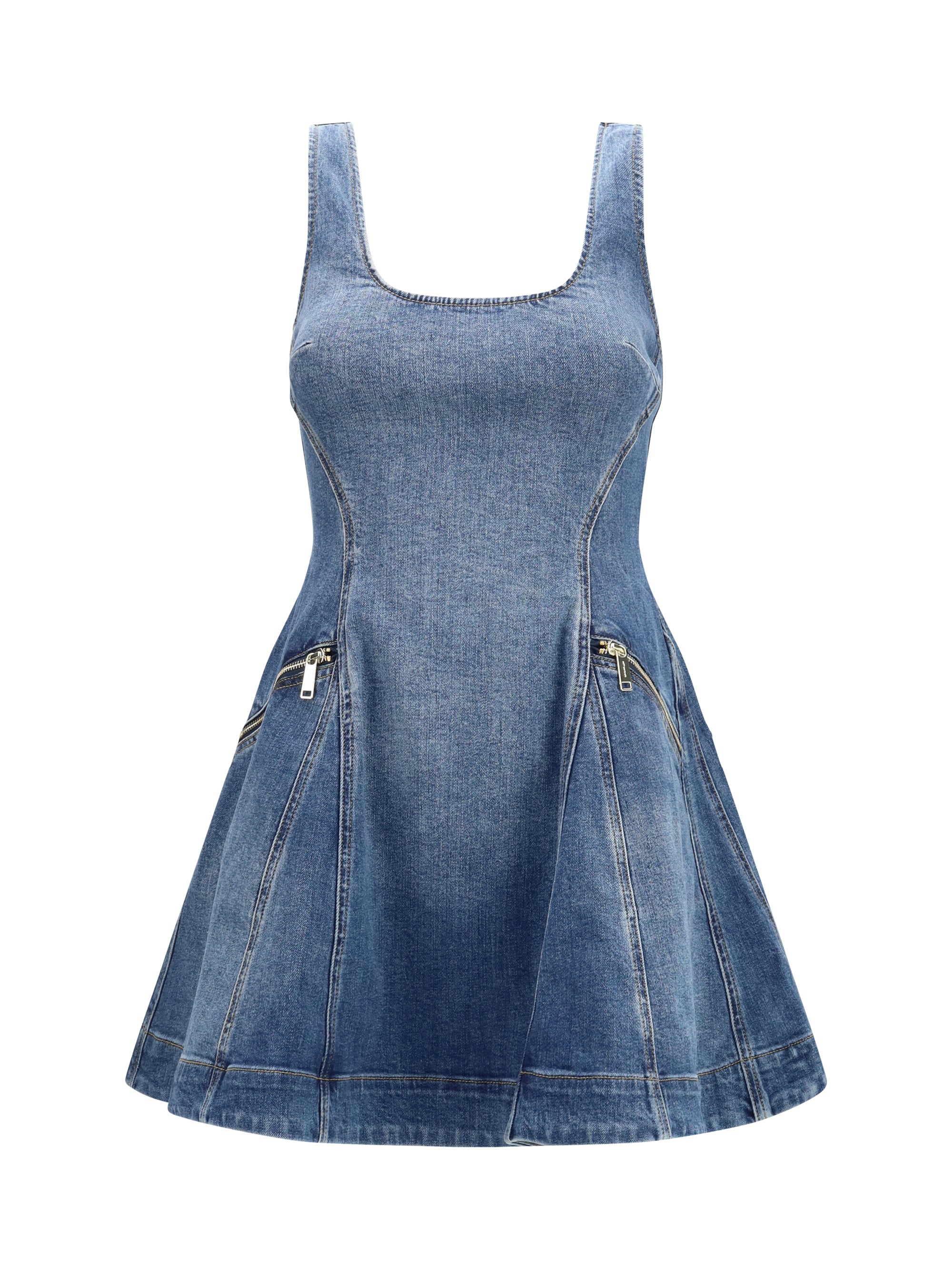 Self-Portrait Denim Flared Mini Dress — Blue