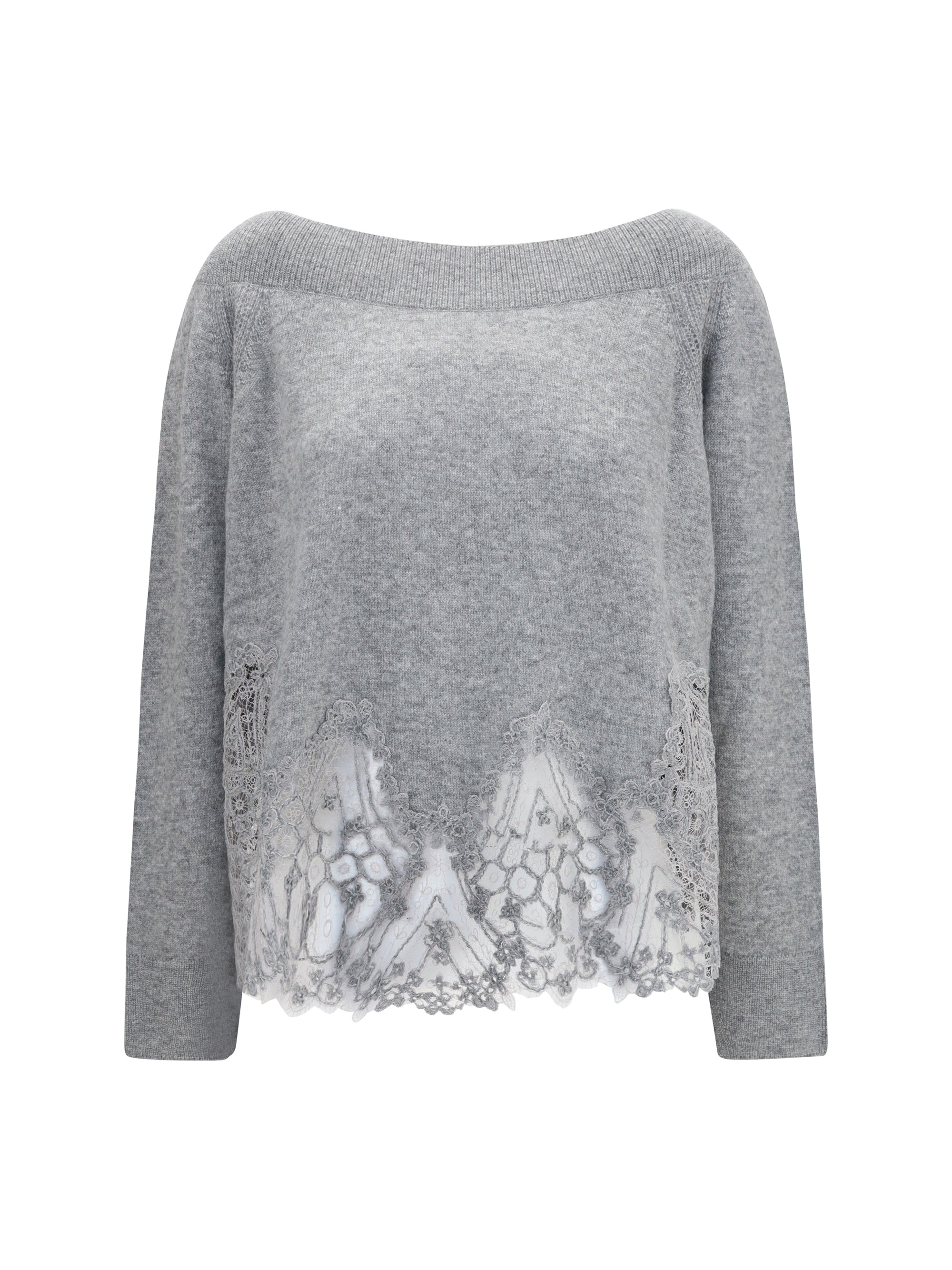 Ermanno Scervino Boat Neck Lace-Trimmed Sweater — Gray