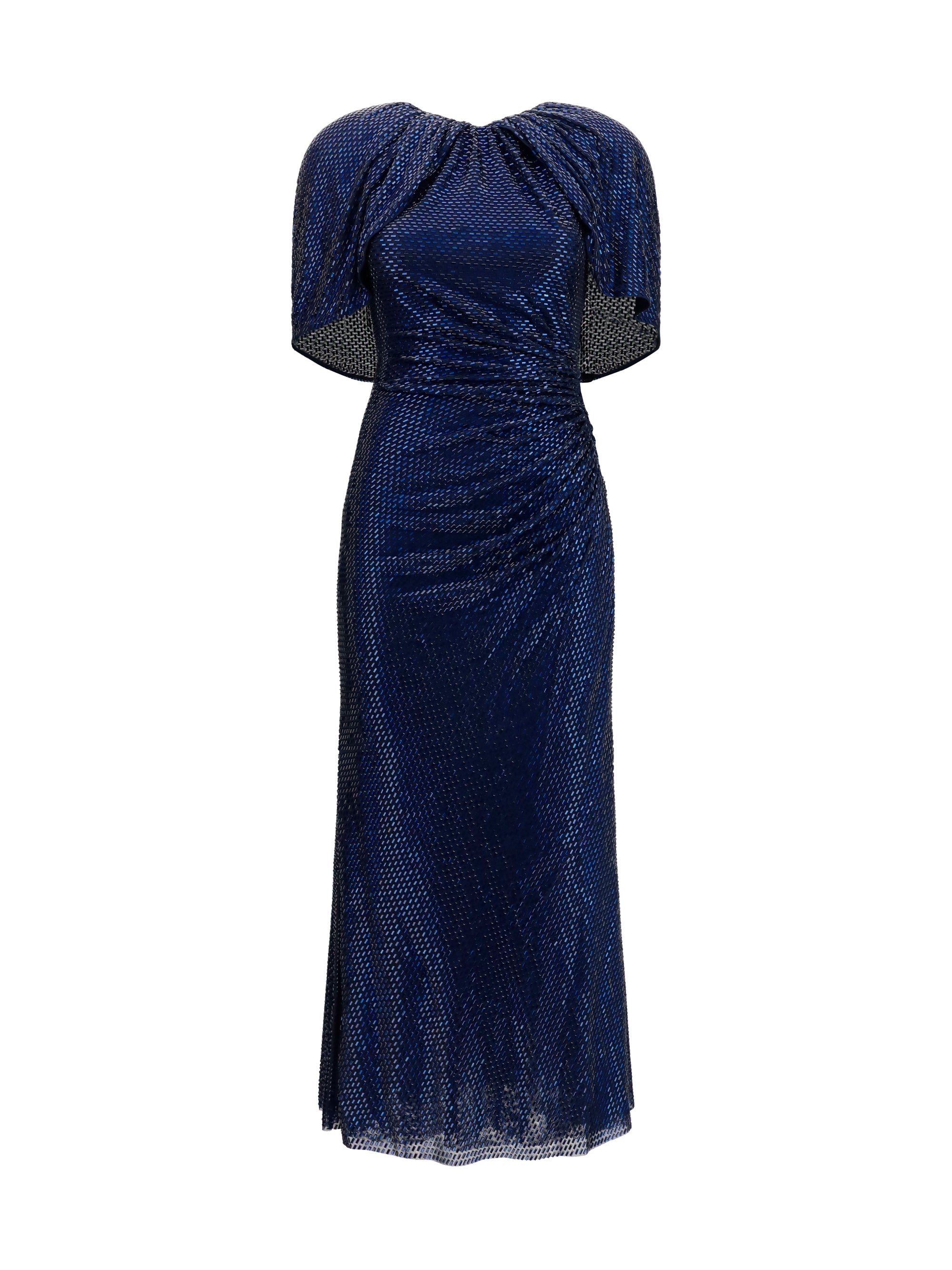 Self-Portrait Crystal-Embellished Cape-Sleeve Midi Dress — Navy