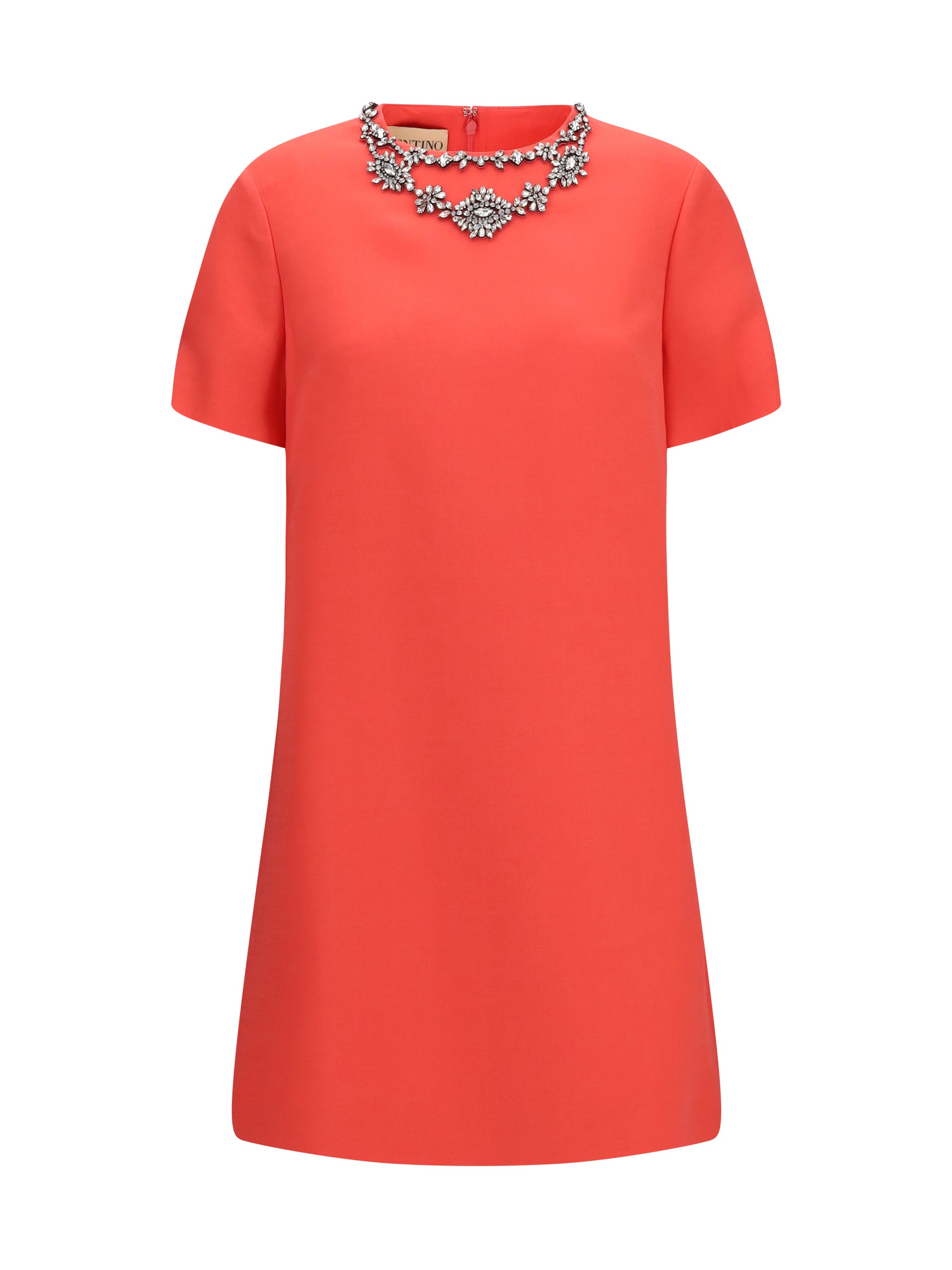 Valentino Crystal-Embellished Crew-Neck Dress — Red