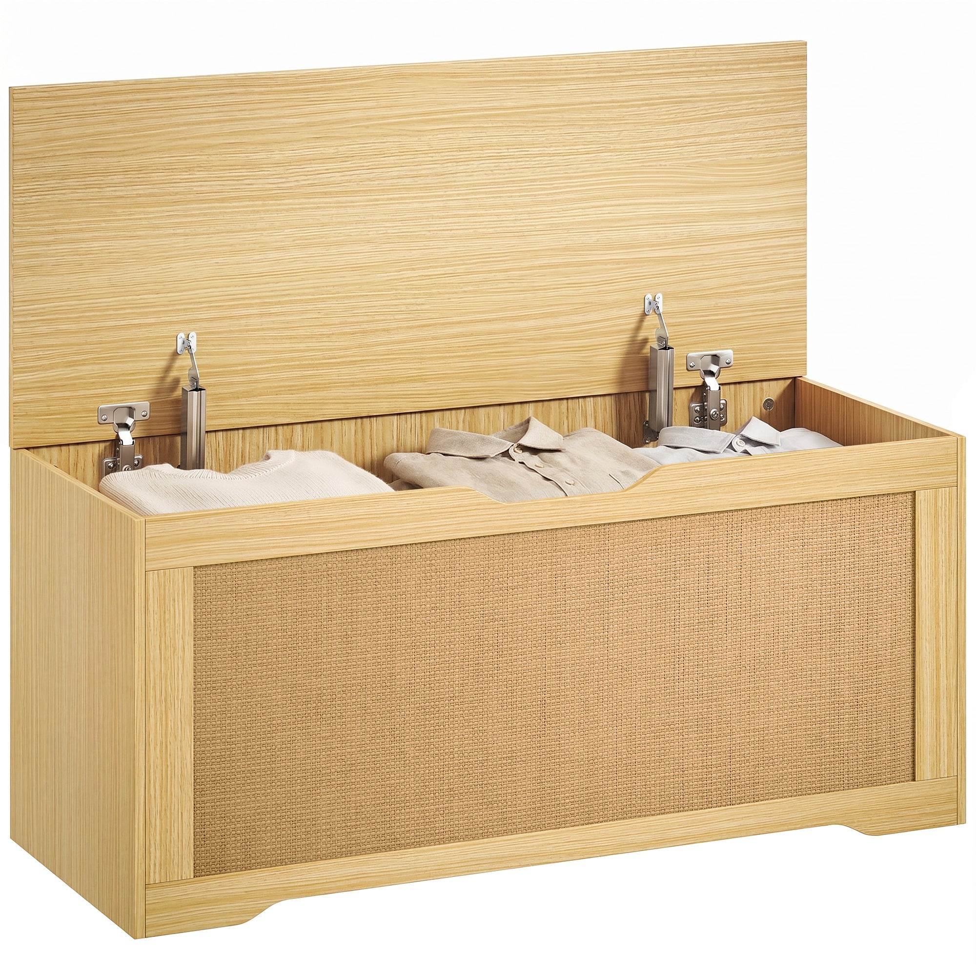 39.4" x 15.7" x 17.7" Rattan Lift-Top Storage Chest with Safety Hinges for Entryway, Shoe Bench, Oak