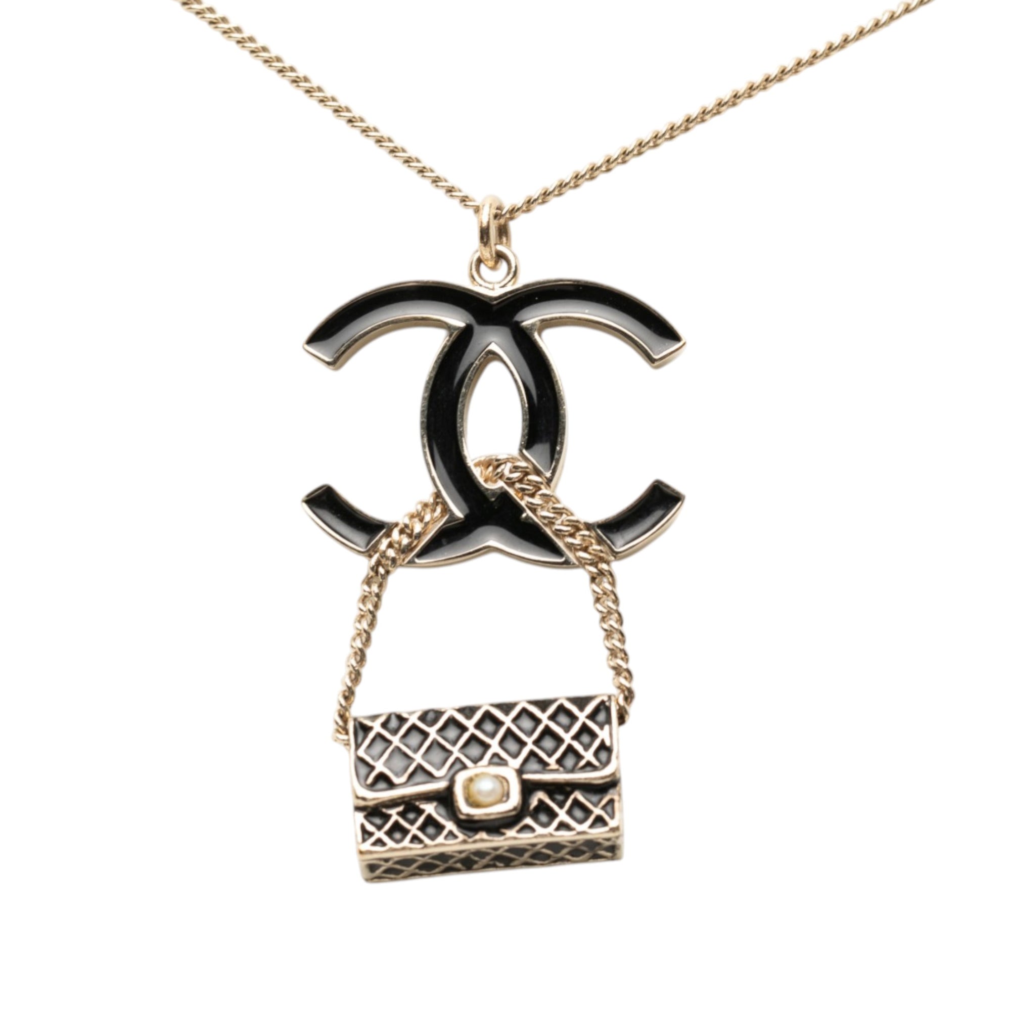 Gold Plated and Enamel CC and Flap Bag Pendant Necklace