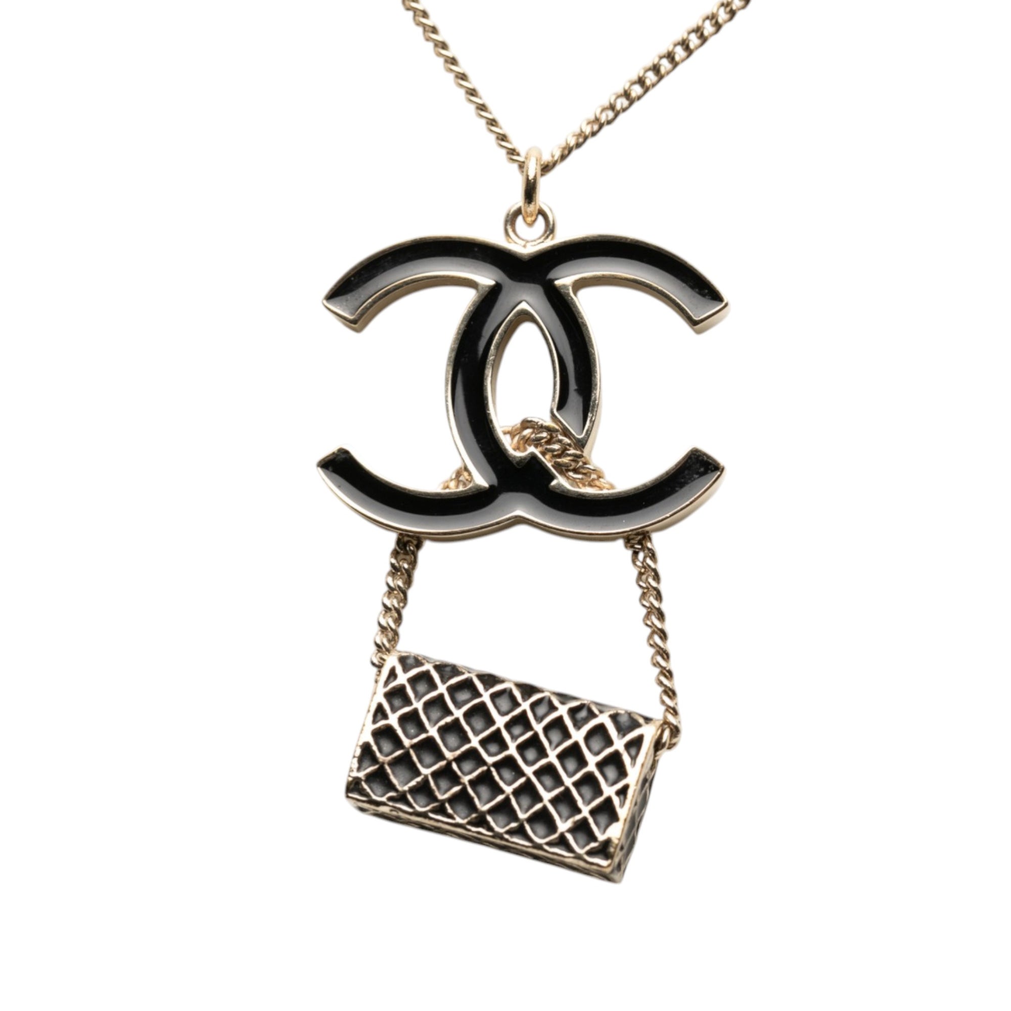 Gold Plated and Enamel CC and Flap Bag Pendant Necklace