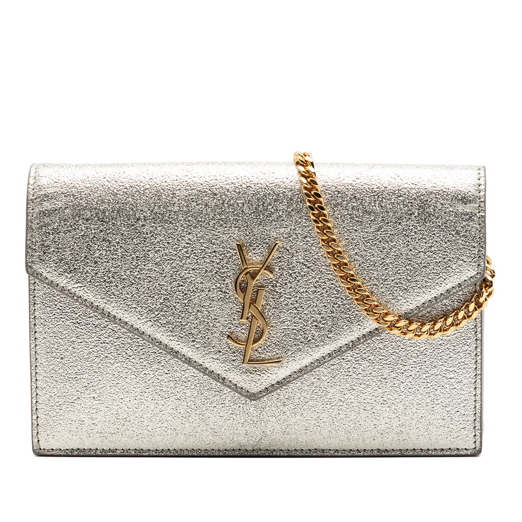 Metallic Textured Calfskin Envelope Wallet On Chain