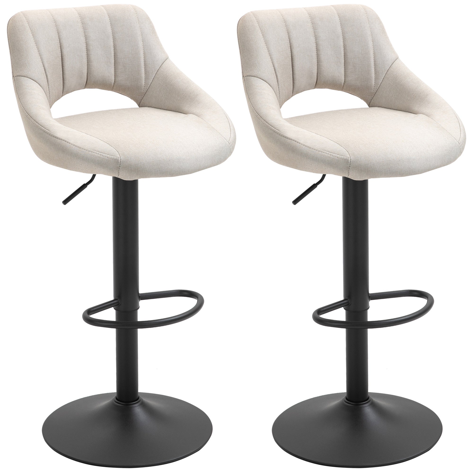Set of 2 Adjustable Linen Swivel Bar Stools with Round Metal Base, Cream