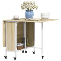 Mobile Drop Leaf Table, Folding Dining Table with 6 Wheels & Storage Shelf, Natural Wood Finish