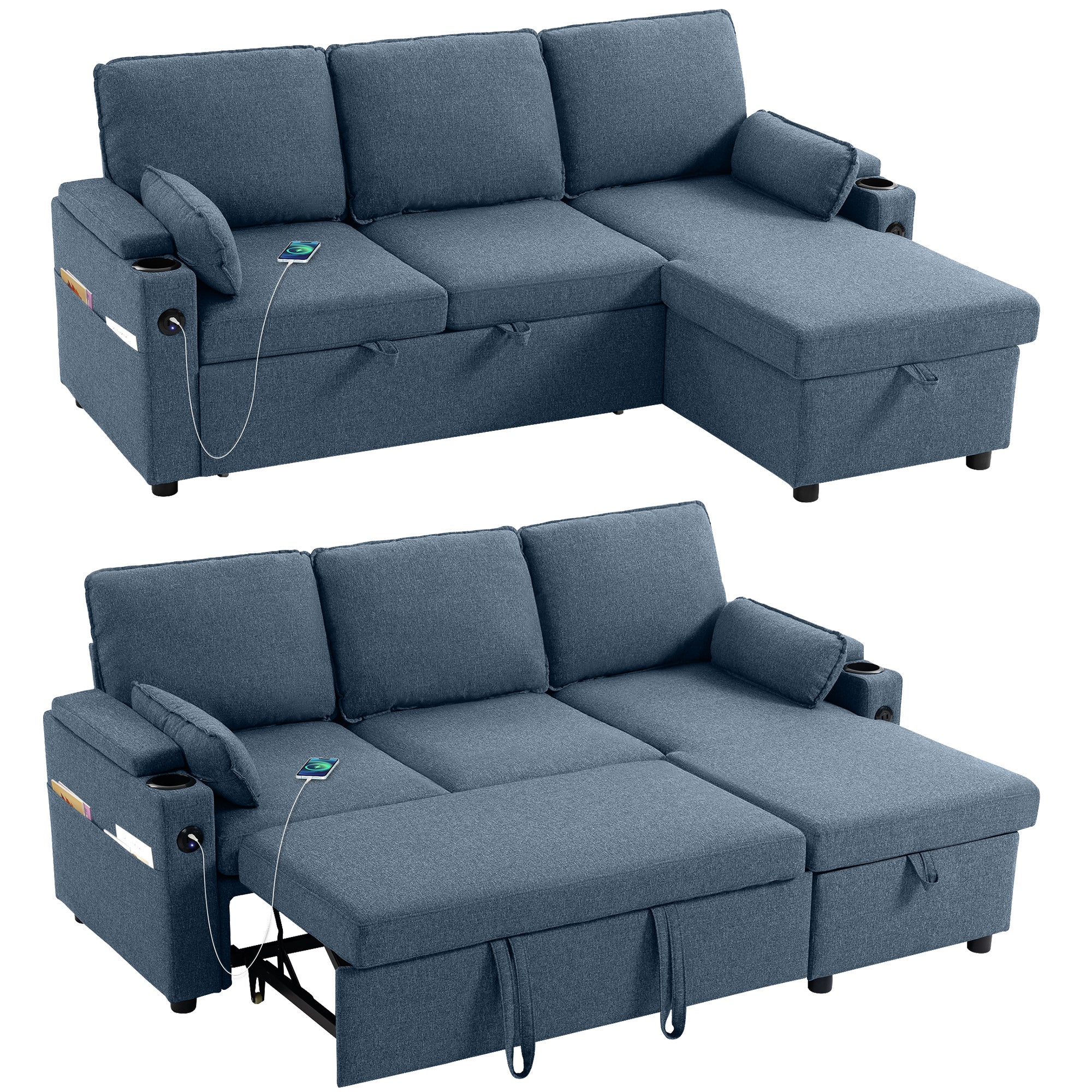 3-Seater L-Shaped Sofa Bed with Storage Chaise, USB Ports & Cup Holders, Blue