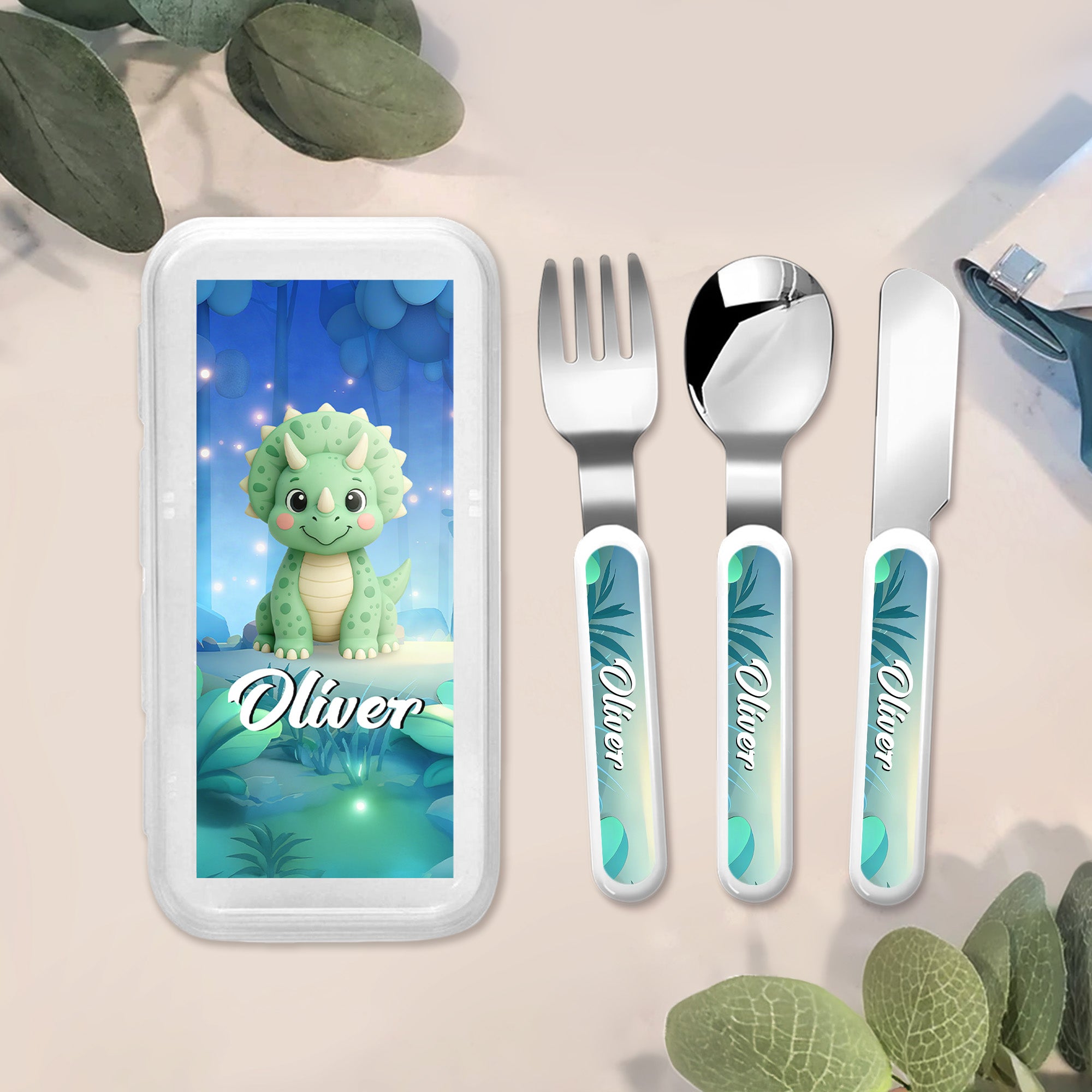 Tenedor Cuchara Cuchillo 3 Piezas Juego de Cubiertos Personalizado Dinosaurio con Nombre Regalo de Cumpleaños para Niños de Uso Diario
