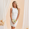 Bridal Wedding Dress White Sleeveless Short Scoop Bodycon Lace. Available in Regular, Petite & Plus Size.