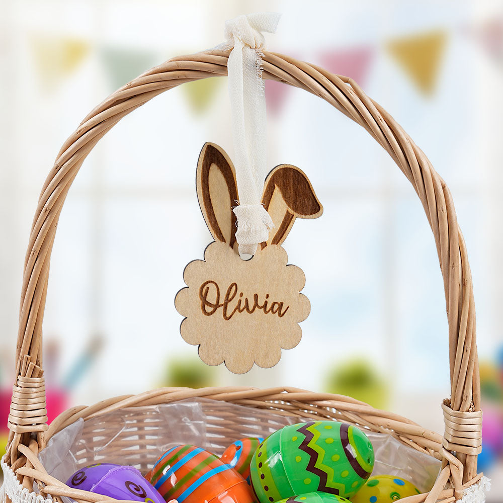 Cesta de Pascua de madera personalizada Etiqueta en forma de nube con orejas de conejo con nombre y cinta Huevos de caza Fiesta Favor Regalo de Pascua para niños