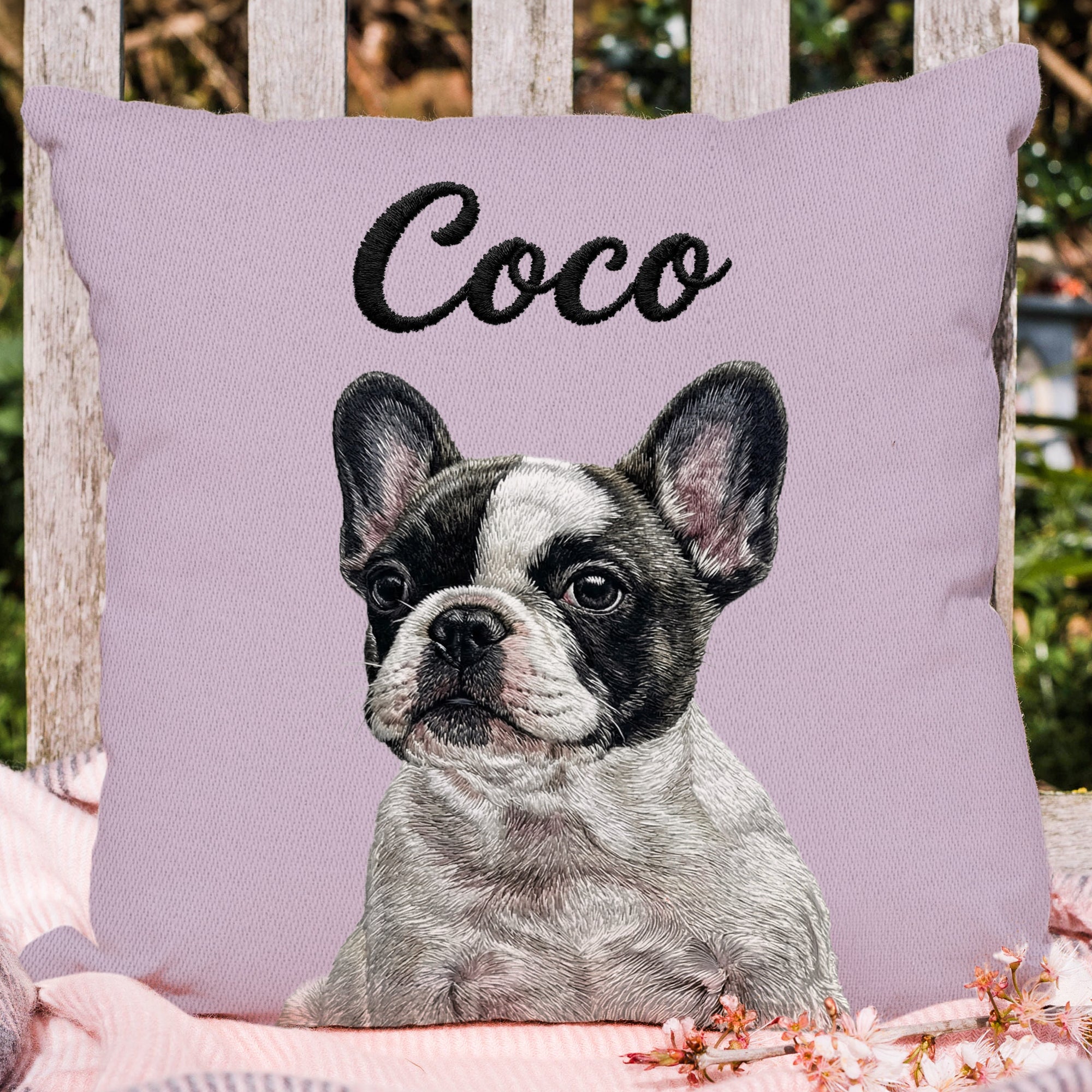Personalizado lindo animal doméstico foto multicolor imitación bordado efecto almohada cubierta con nombre decoración del hogar regalo de cumpleaños para los amantes del animal doméstico