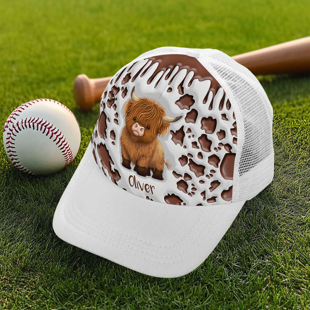 Personalizado lindo Highland Vaca Ajustable Gorra de béisbol de malla Trucker Sombrero con Nombre Deportes Cumpleaños Regalo para los amantes de las vacas Highland